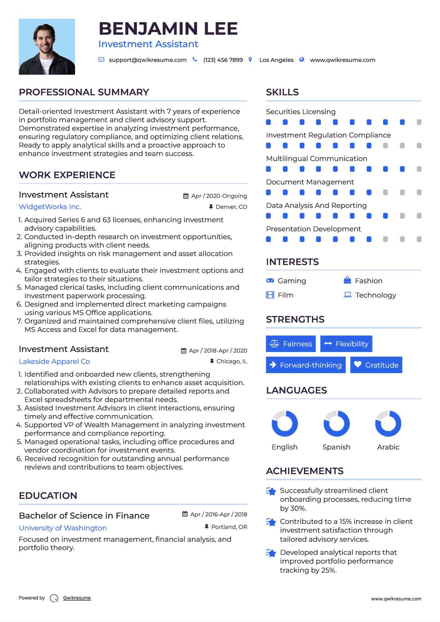 Investment Assistant Resume Sample