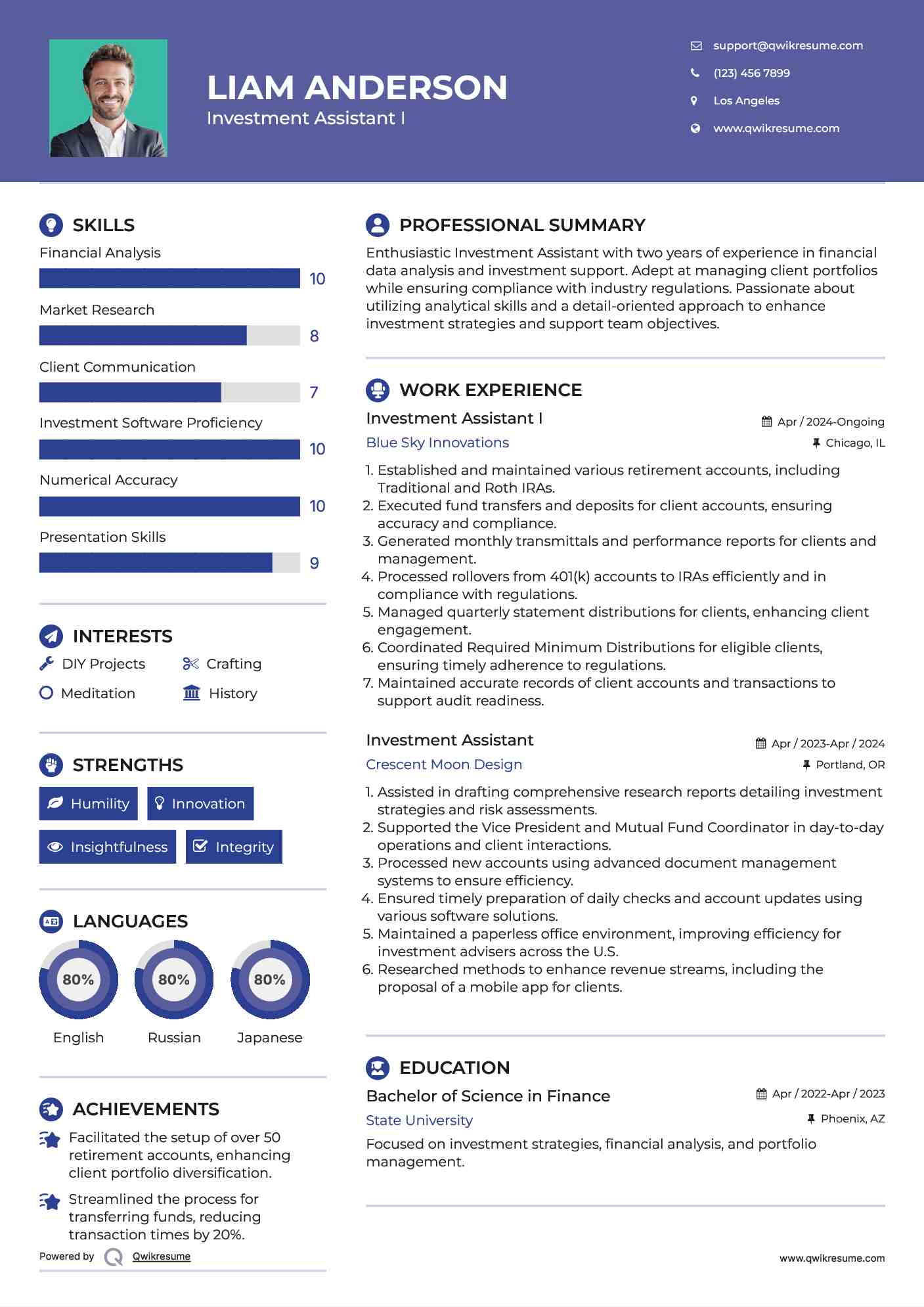 Investment Assistant I Resume Example
