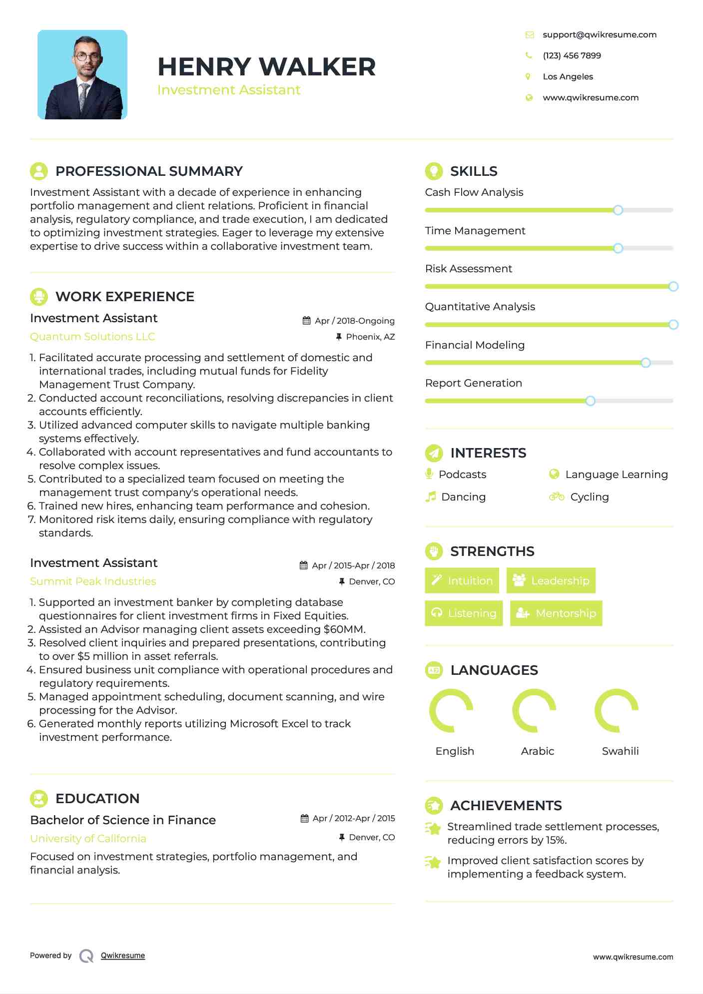 Investment Assistant Resume Sample