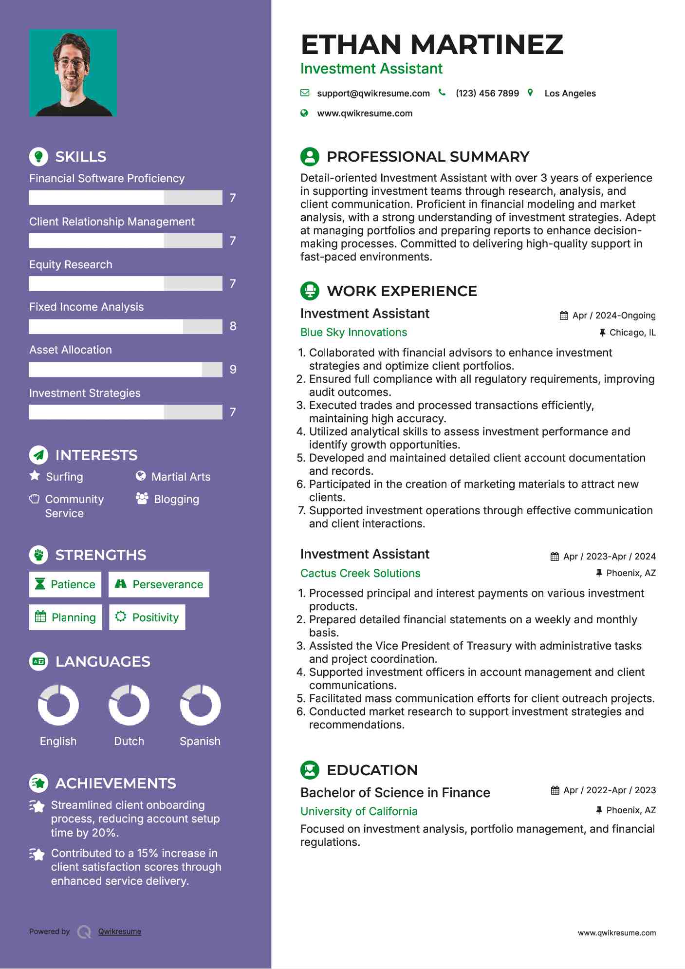 Investment Assistant Resume Format