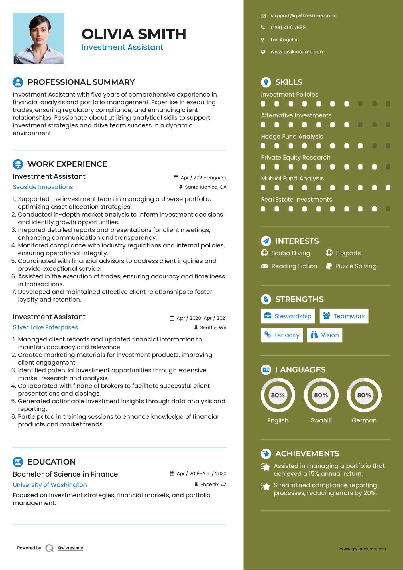 Investment Assistant Resume Sample