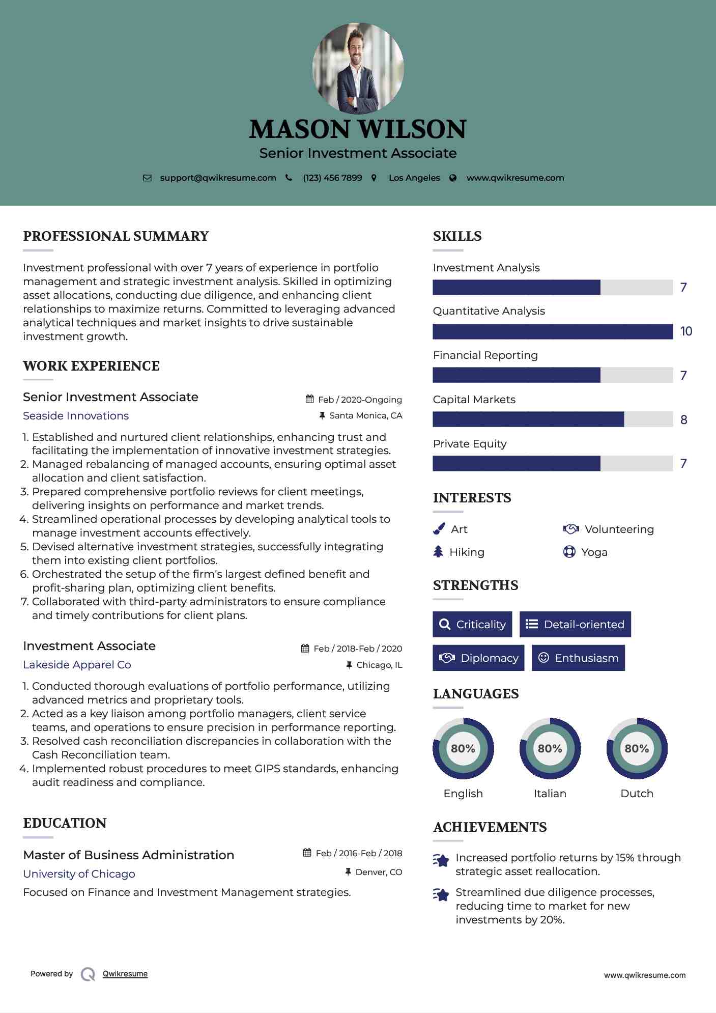 Senior Investment Associate Resume Sample