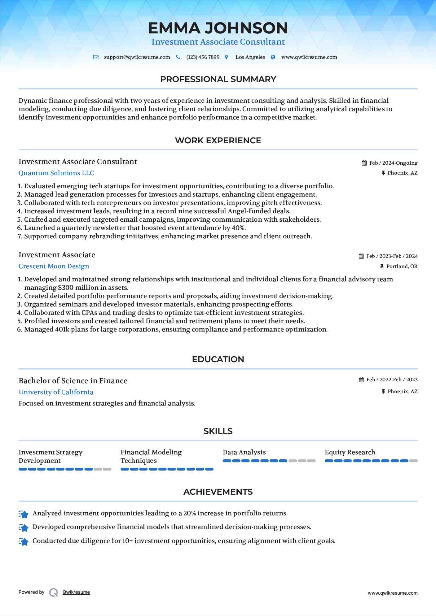Investment Associate Consultant Resume Sample