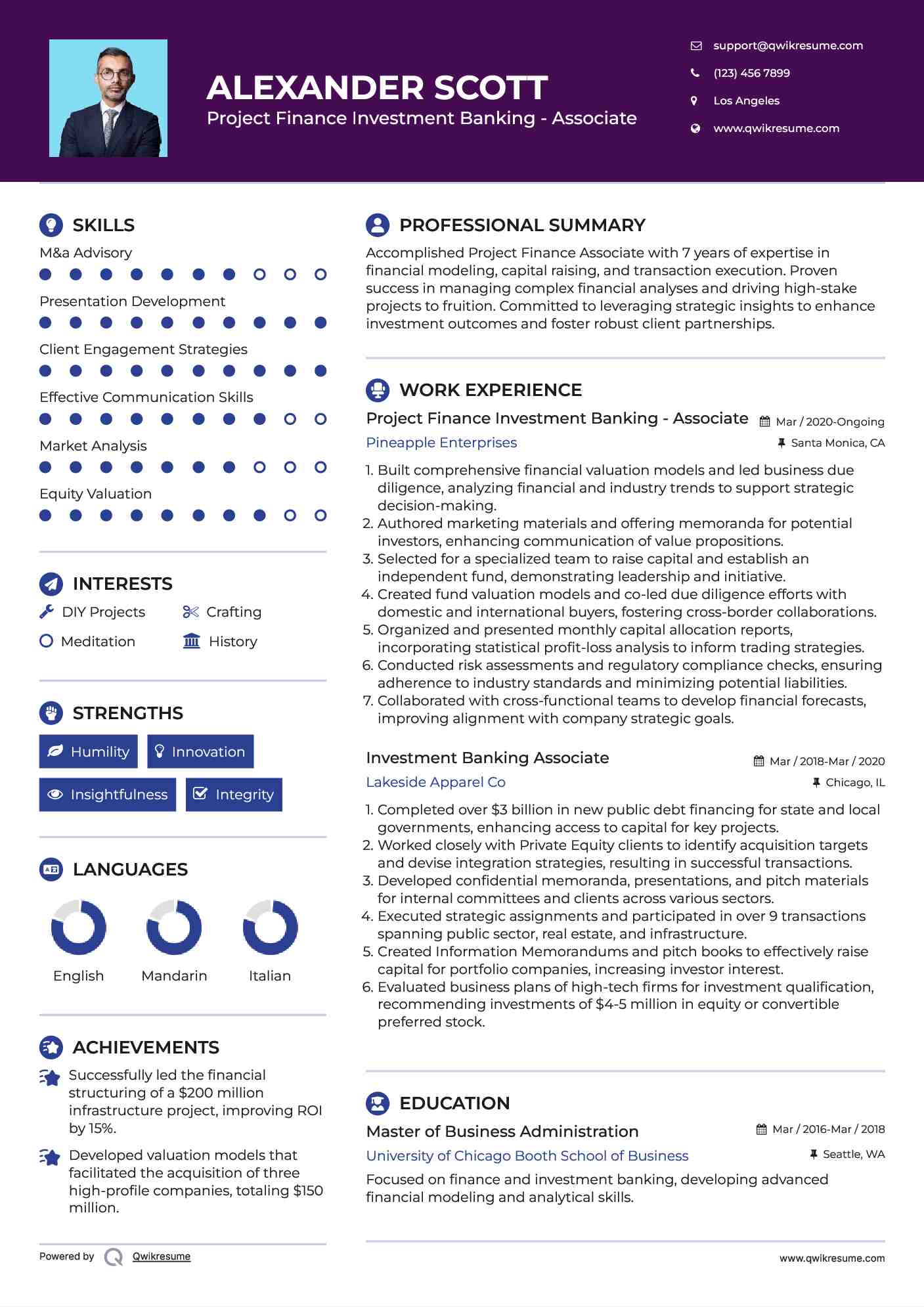 Project Finance Investment Banking - Associate Resume Example