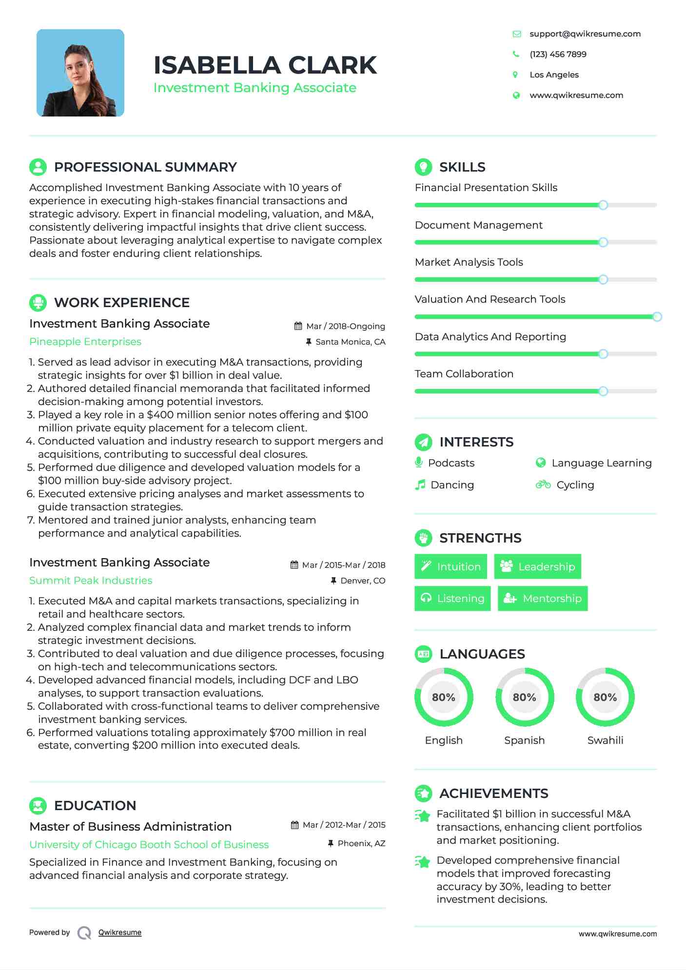 Investment Banking Associate Resume Sample