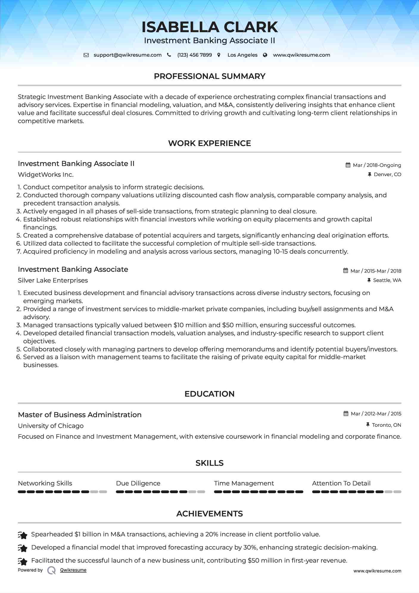 Investment Banking Associate II Resume Example