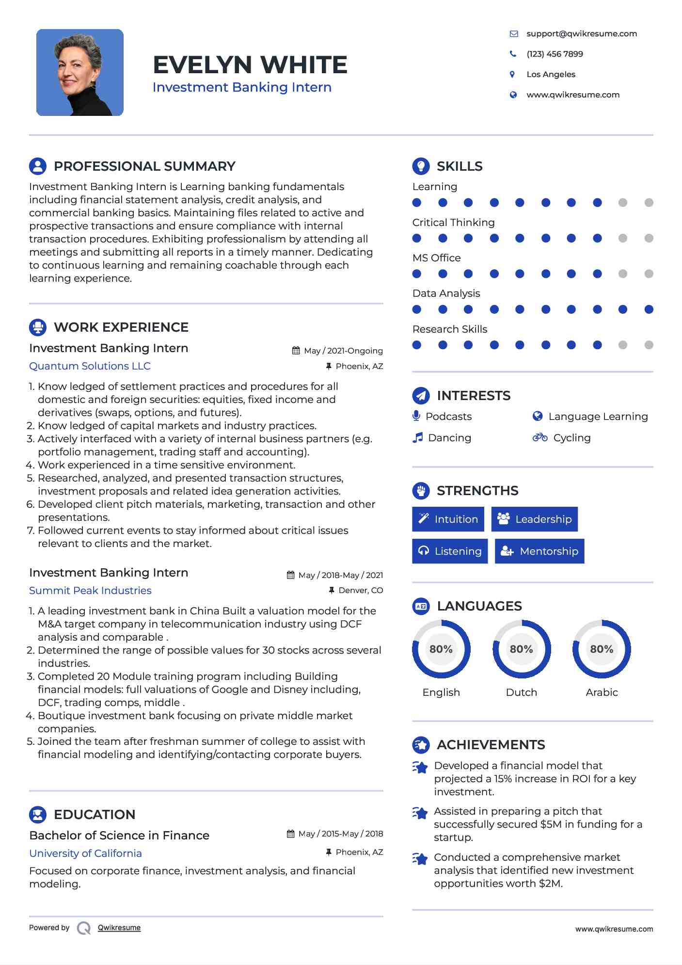 Investment Banking Intern Resume Model