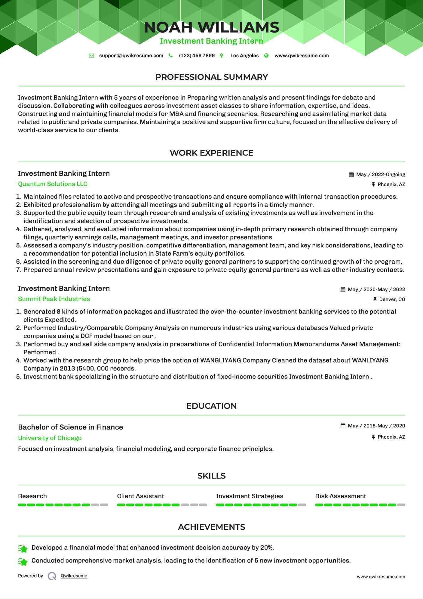 Investment Banking Intern Resume Model