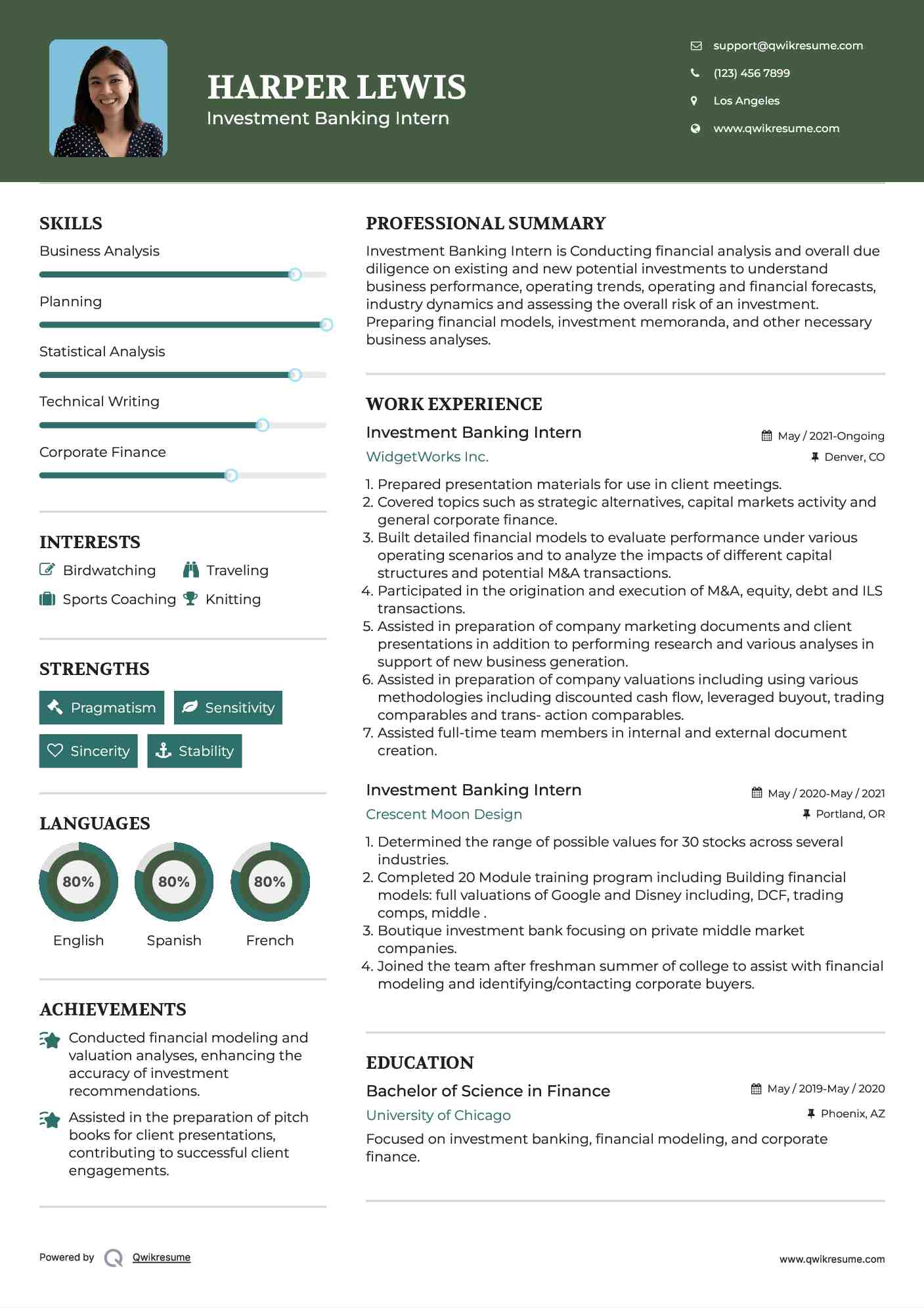 Investment Banking Intern Resume Sample