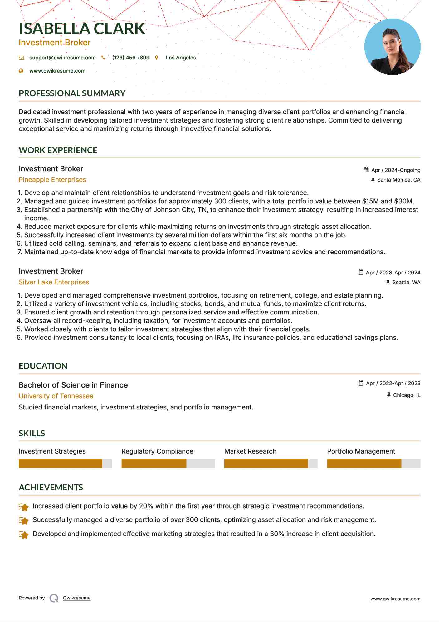 Investment Broker Resume Sample