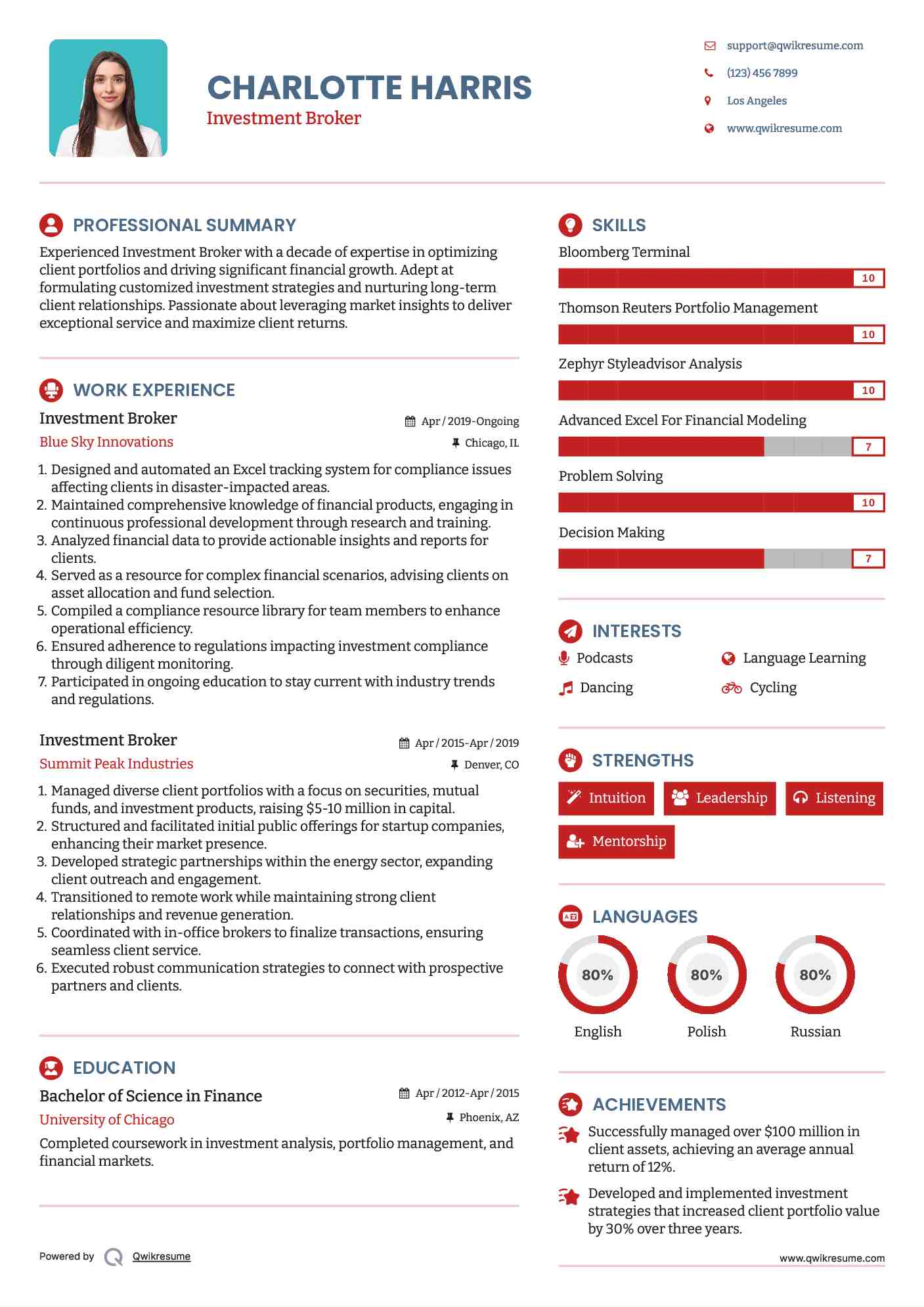 Investment Broker Resume Template