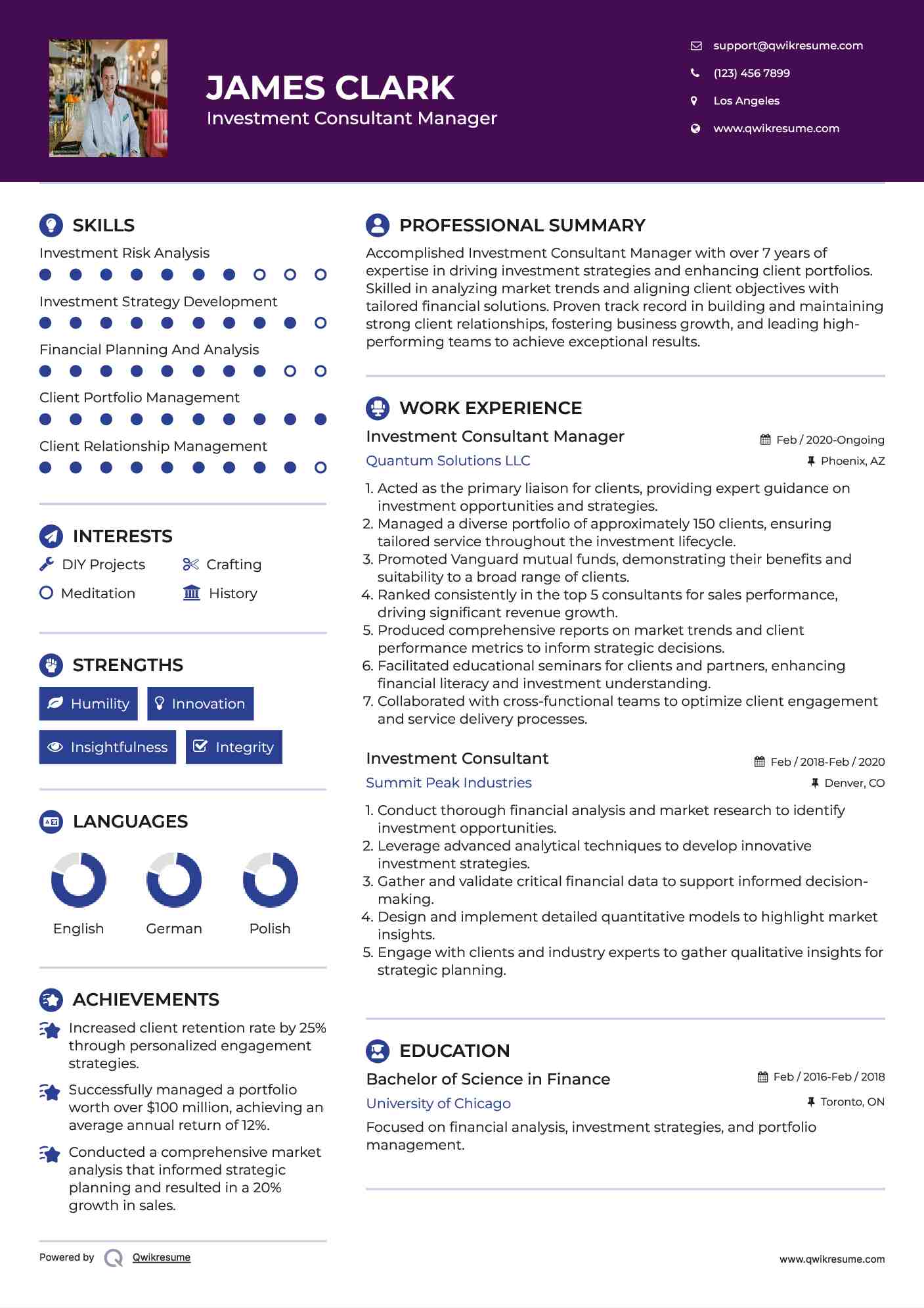Investment Consultant Manager Resume Example