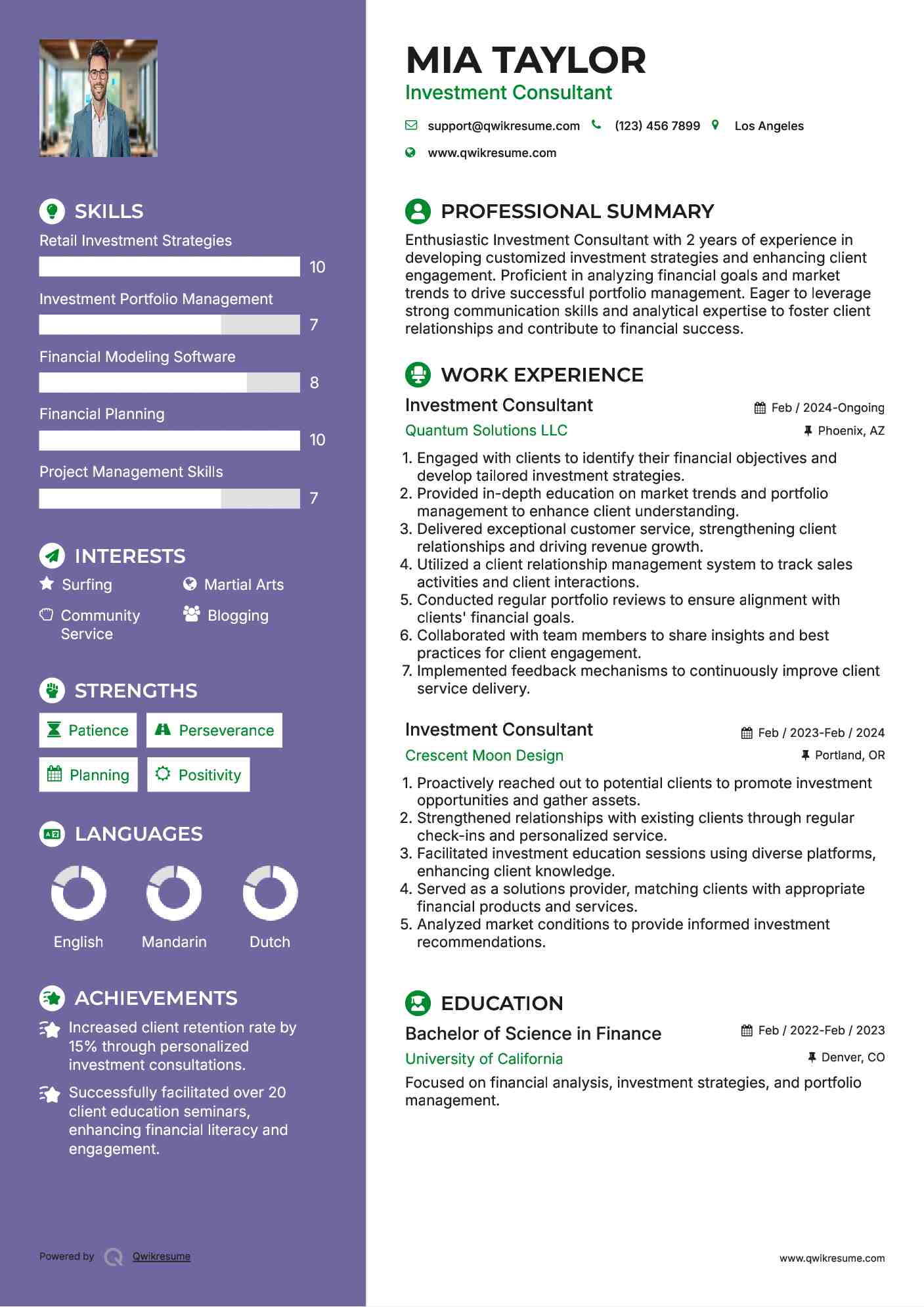 Investment Consultant Resume Sample