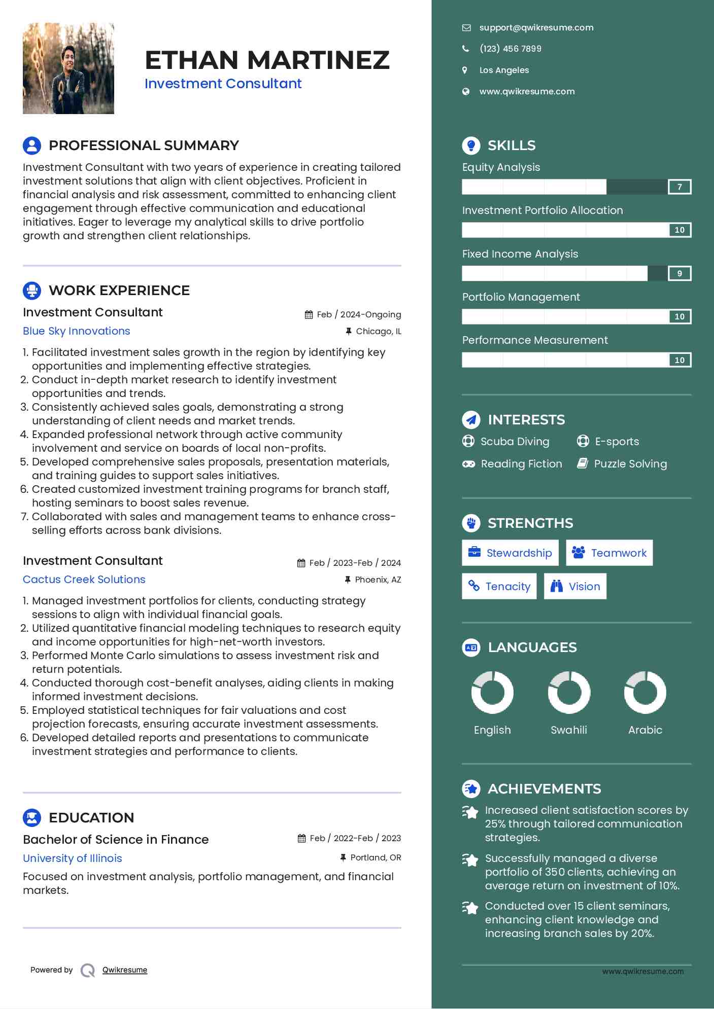 Investment Consultant Resume Sample