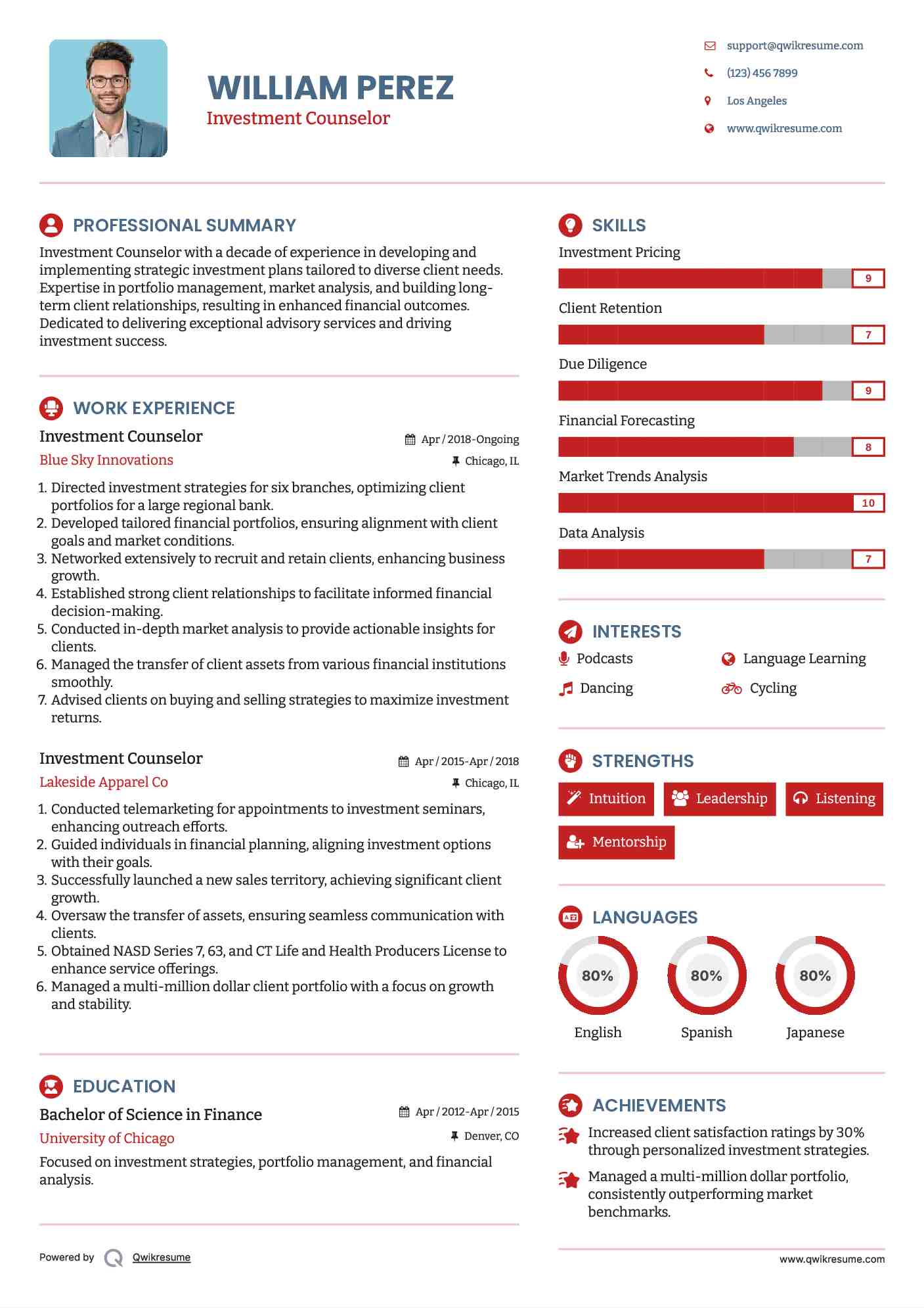 Investment Counselor Resume Example