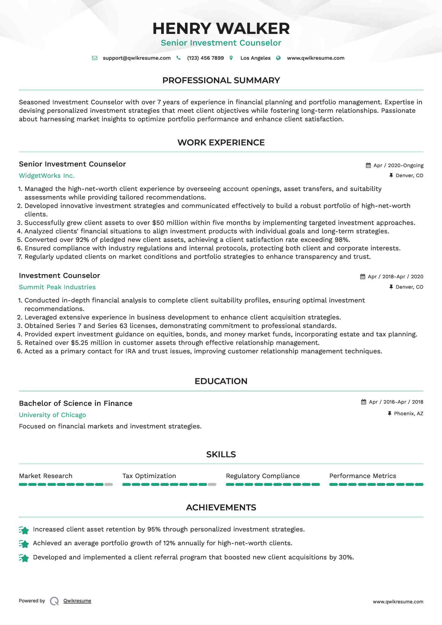 Senior Investment Counselor Resume Sample