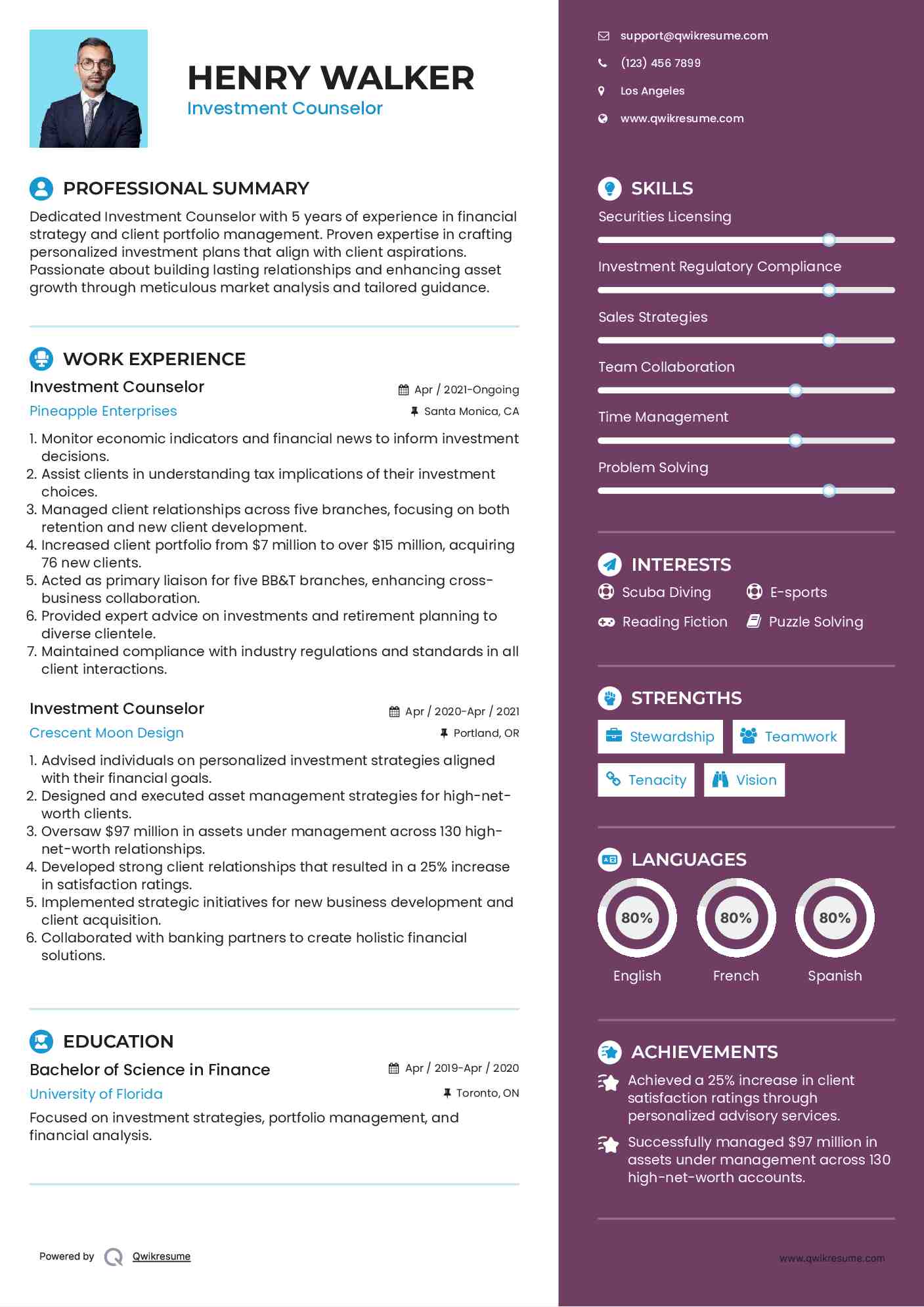Investment Counselor Resume Model
