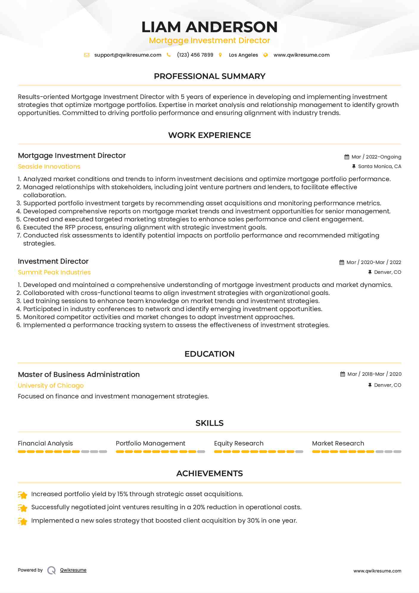 Mortgage Investment Director Resume Template