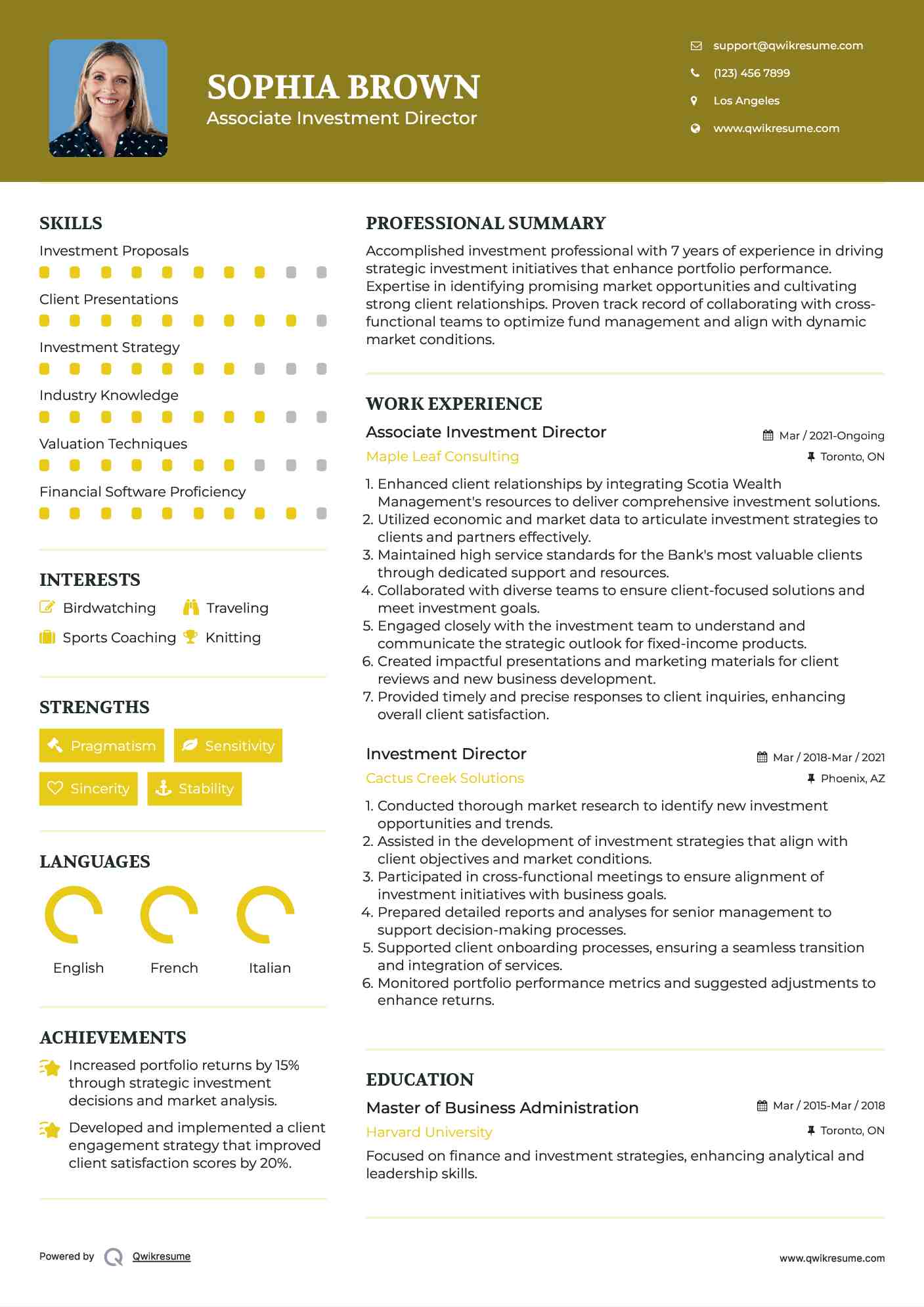 Associate Investment Director Resume Model