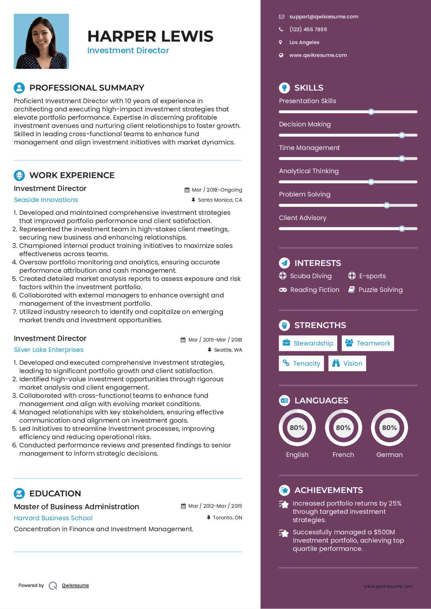 Investment Director Resume Example