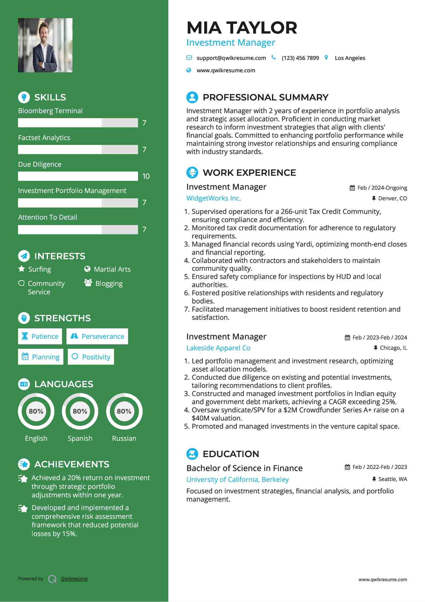 Investment Manager Resume Model