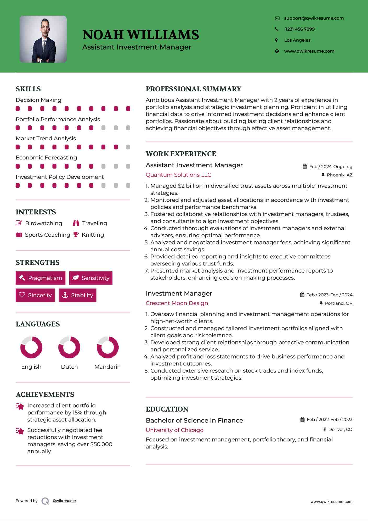 Assistant Investment Manager Resume Model