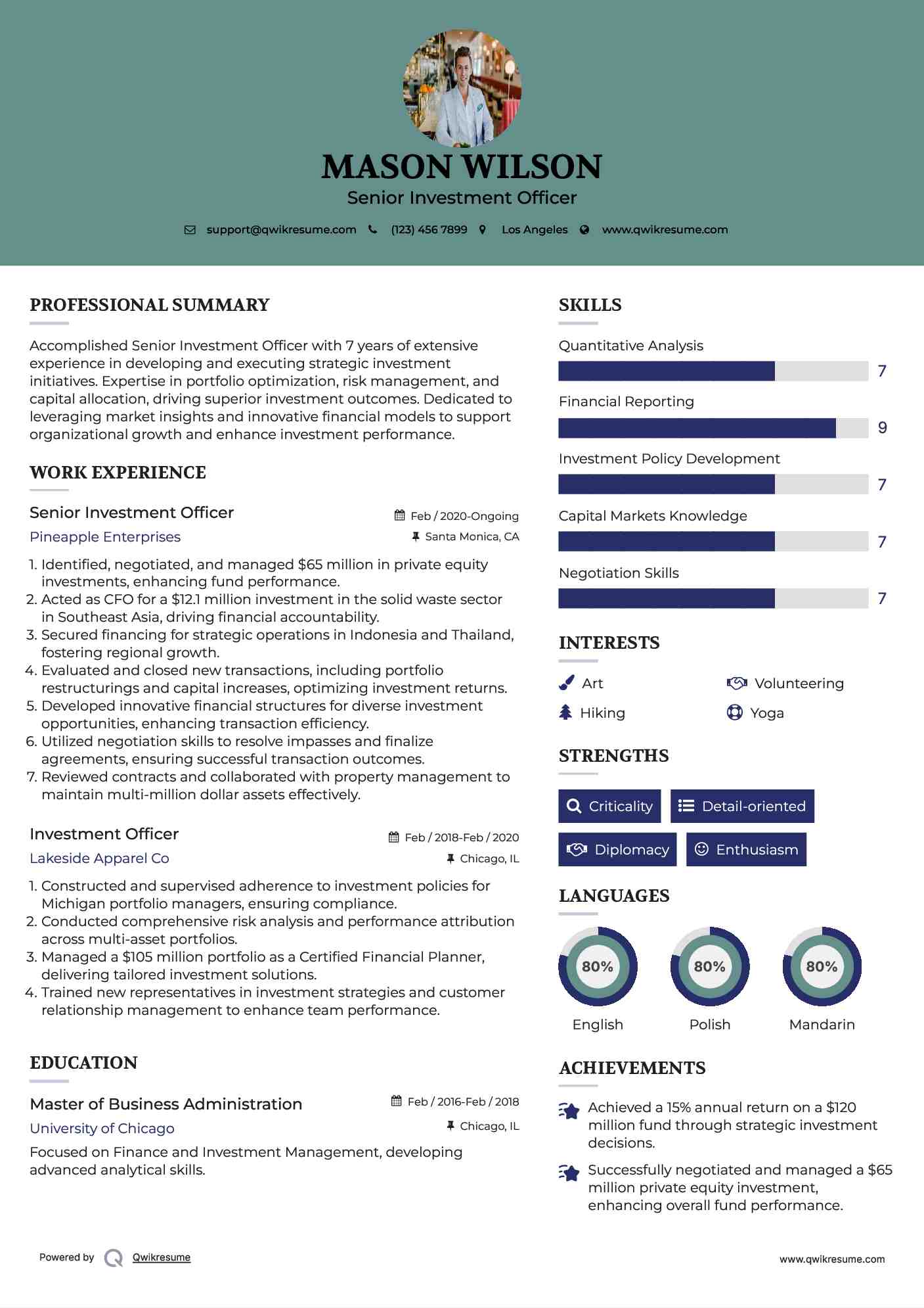 Senior Investment Officer Resume Example