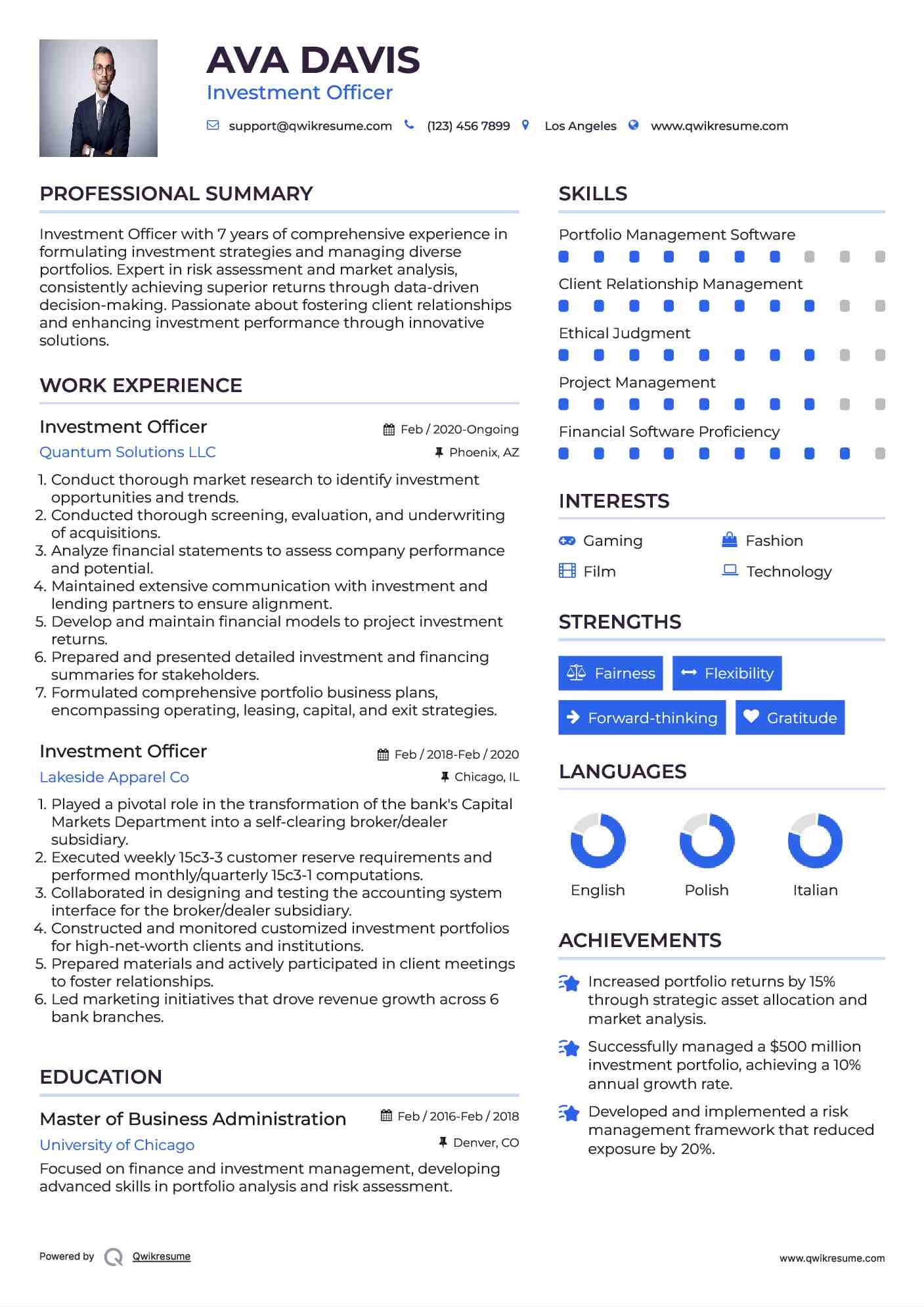 Investment Officer Resume Model