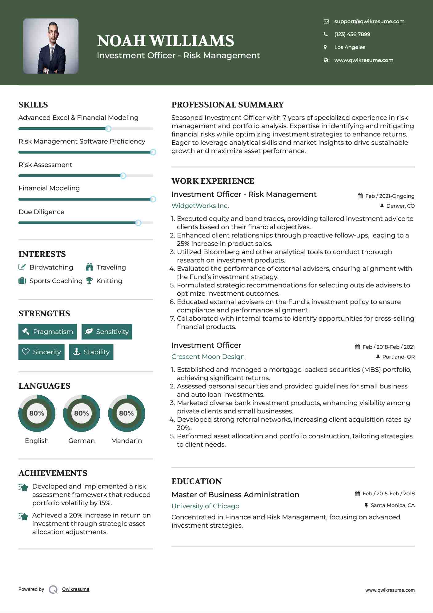 Investment Officer - Risk Management Resume Template