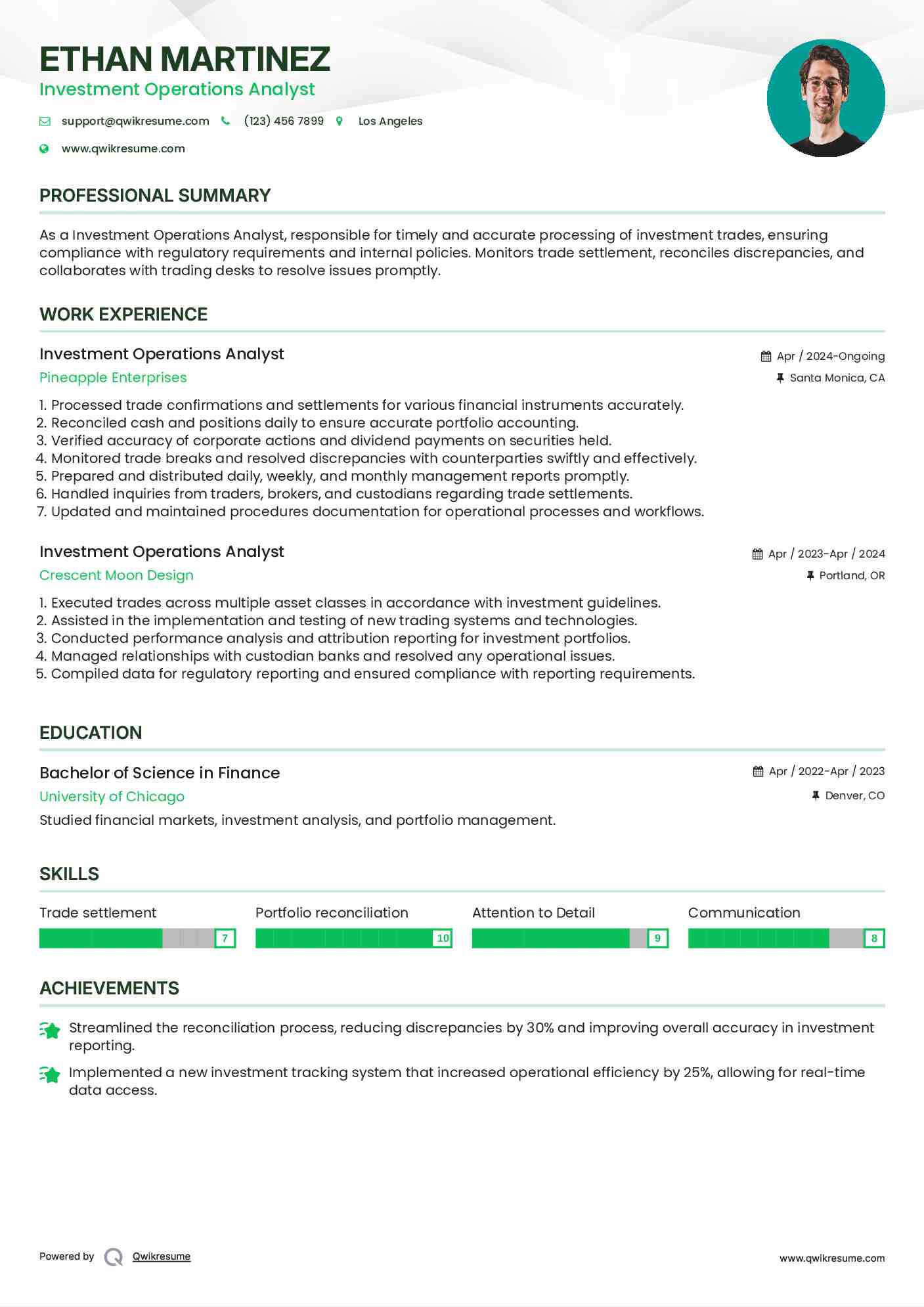 Investment Operations Analyst Resume Template