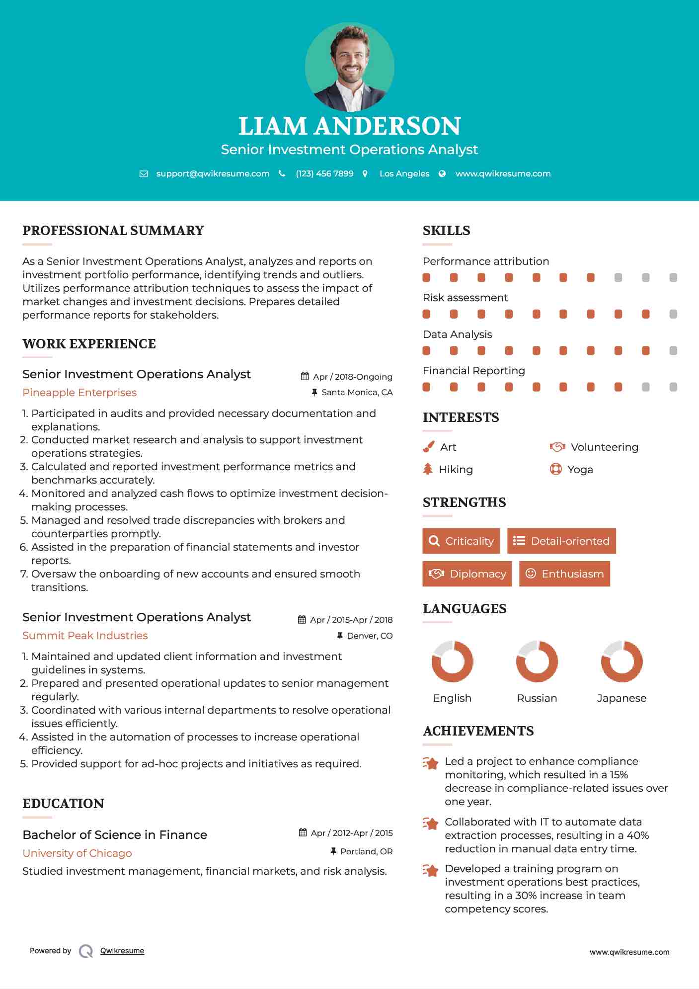 Senior Investment Operations Analyst Resume Model