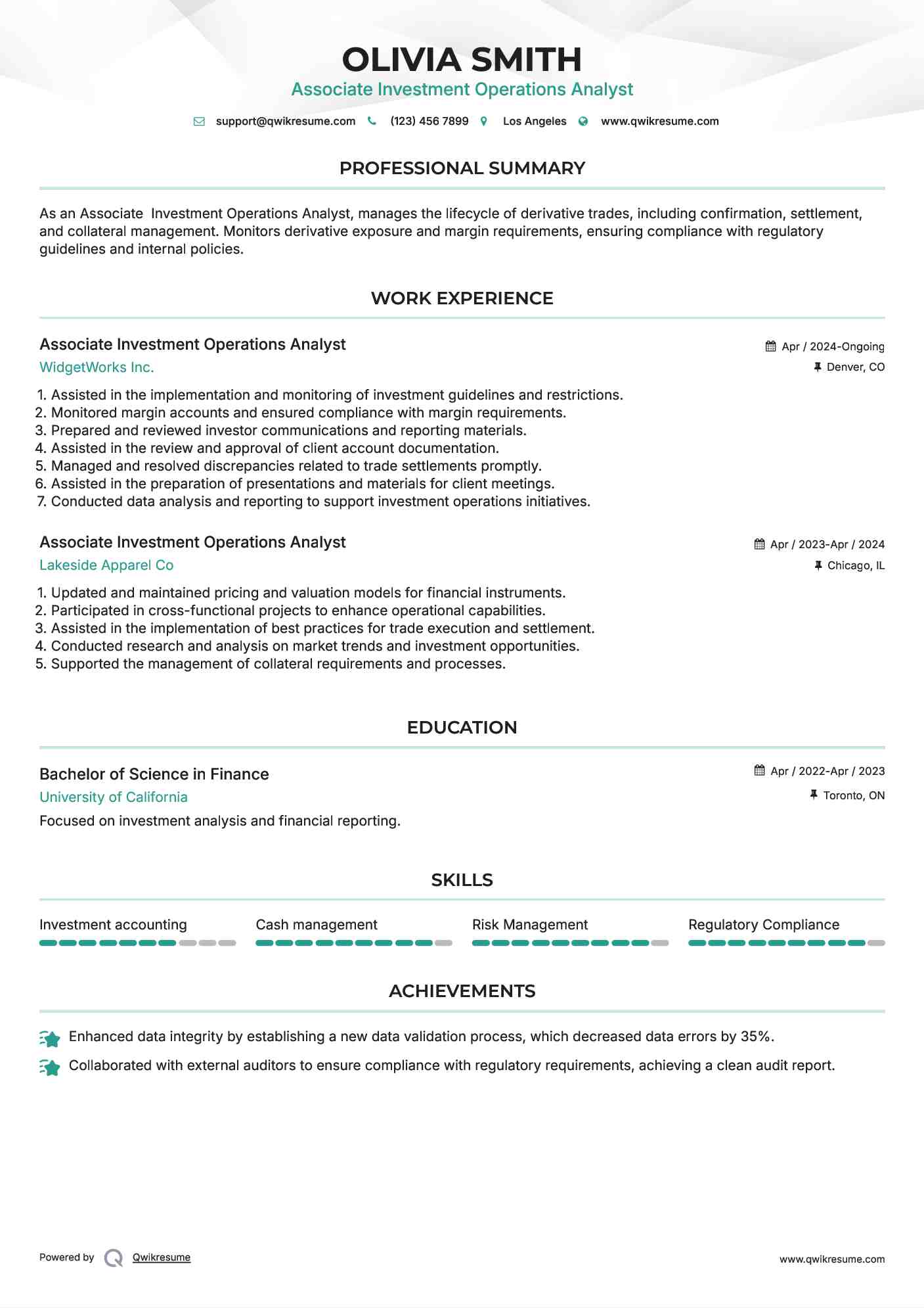 Associate Investment Operations Analyst Resume Template