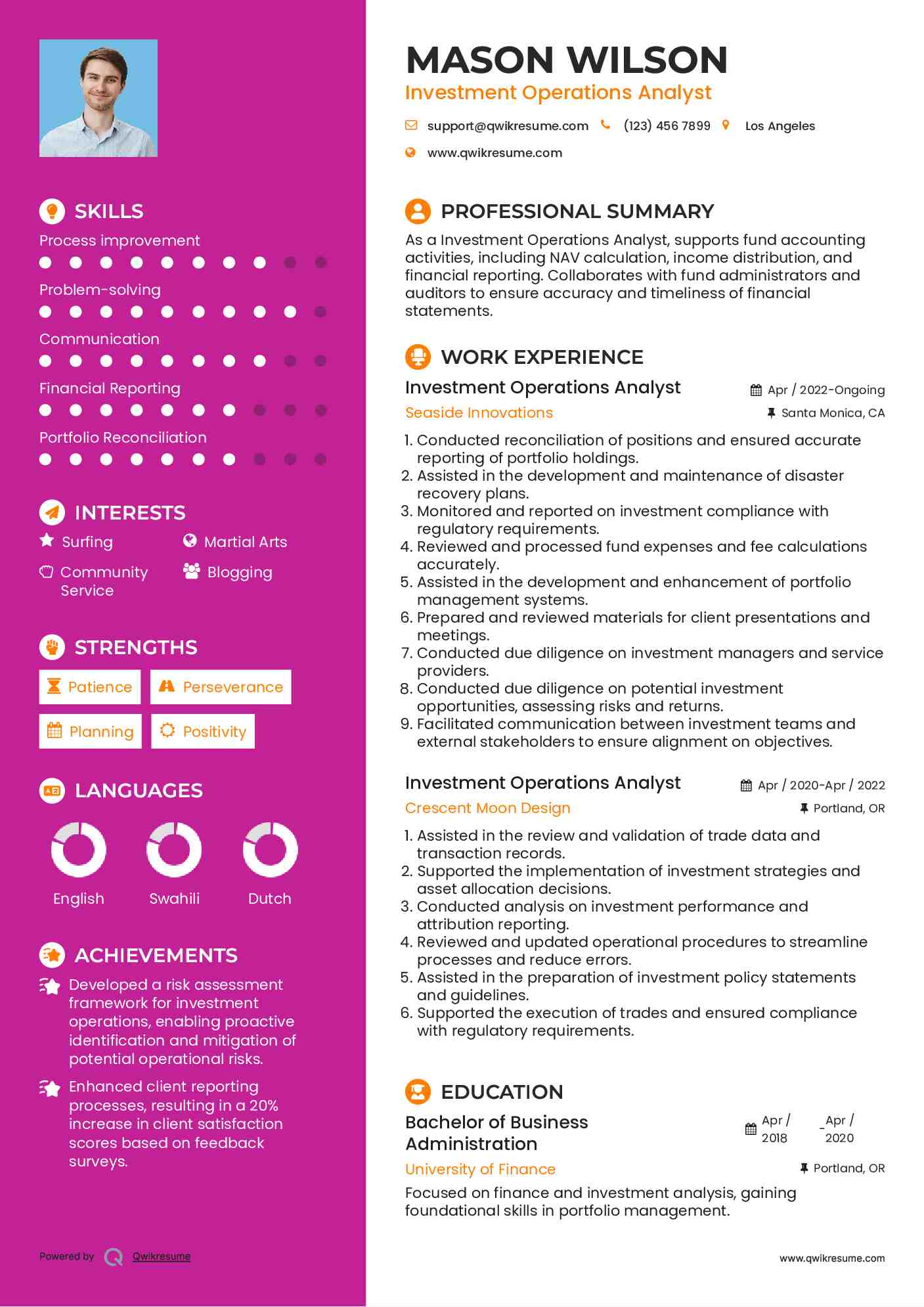 Investment Operations Analyst Resume Format