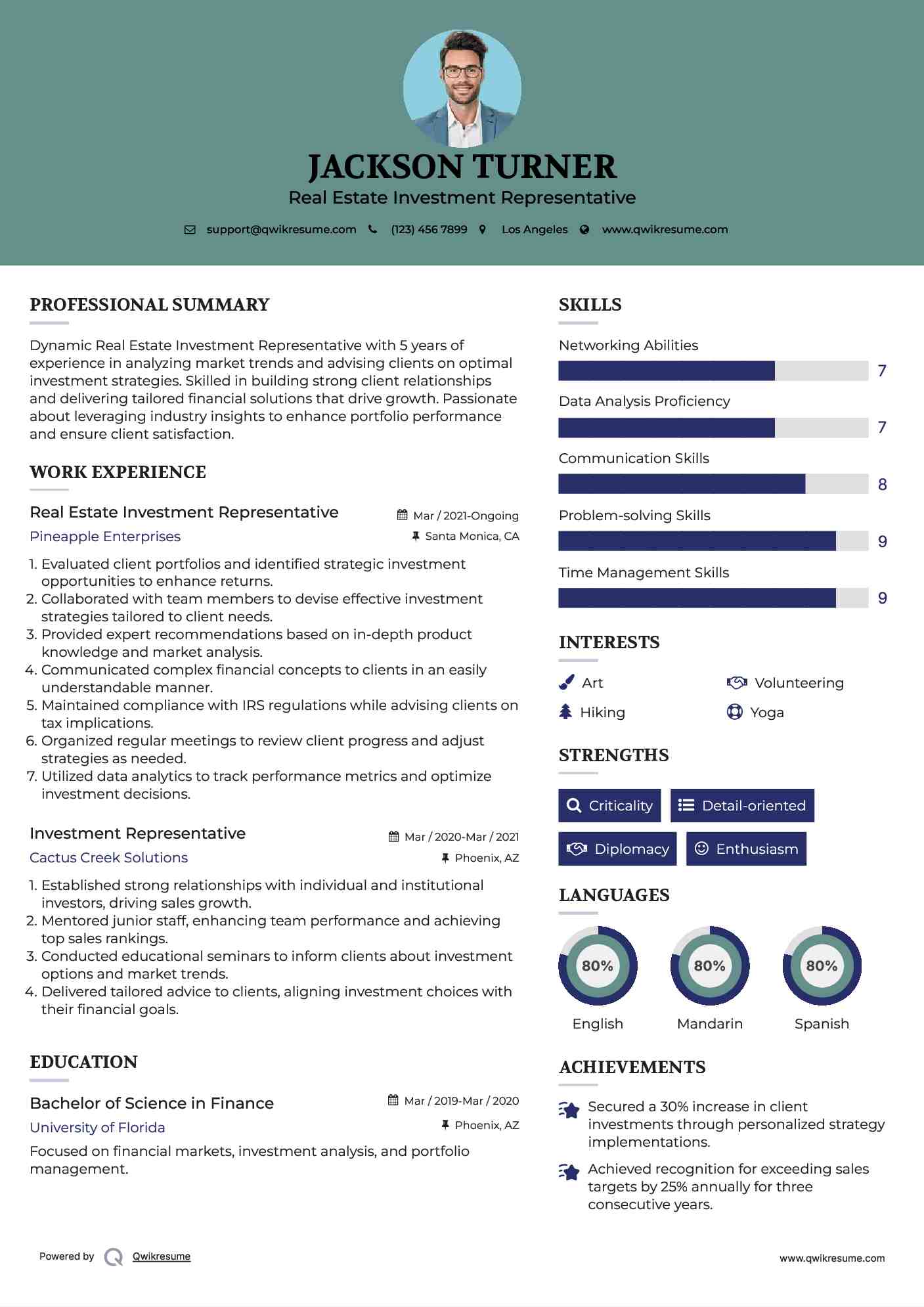 Real Estate Investment Representative Resume Example