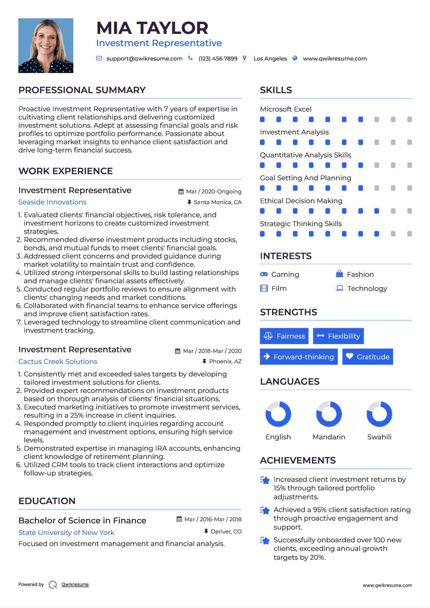 Investment Representative Resume Template