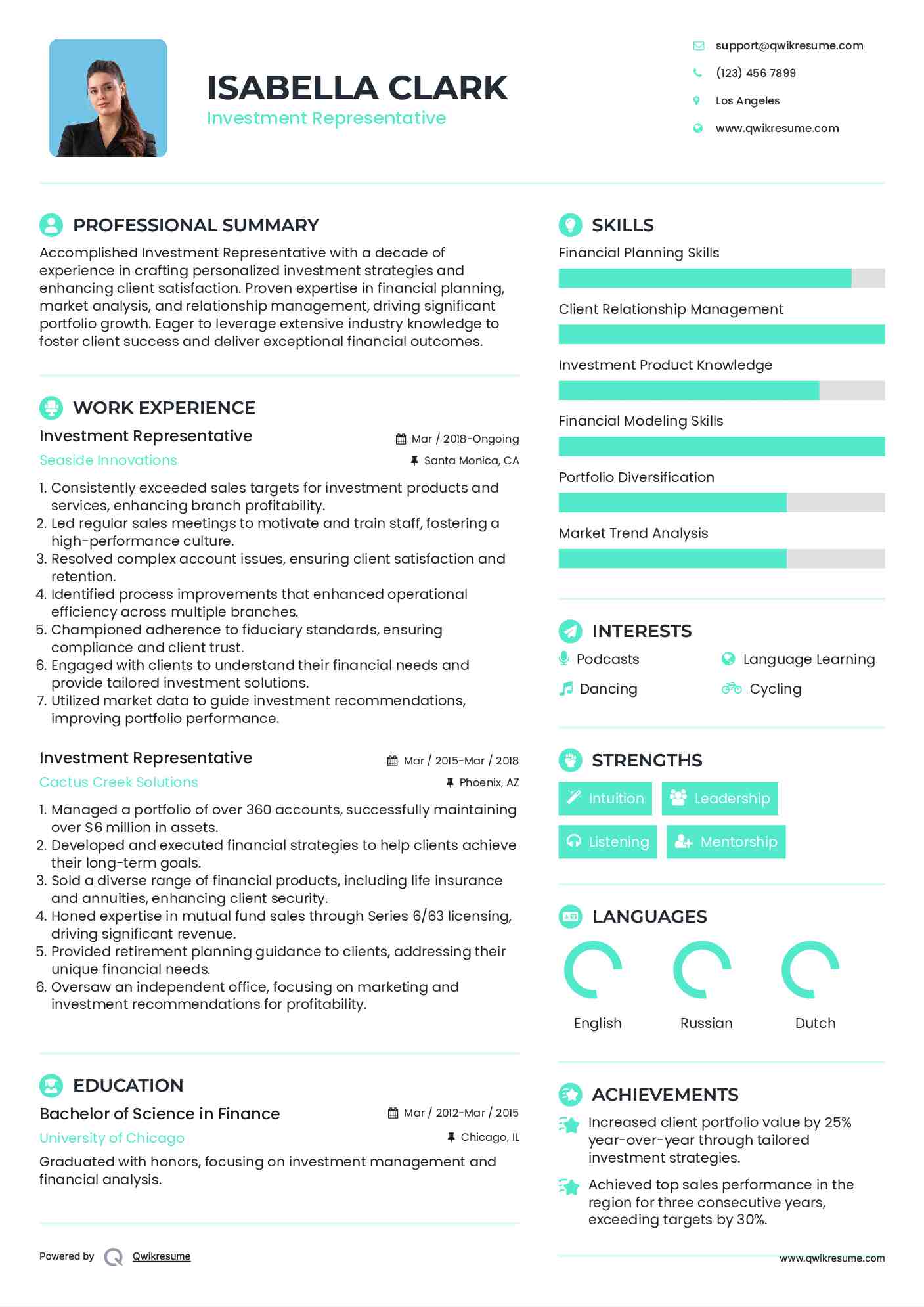 Investment Representative Resume Model