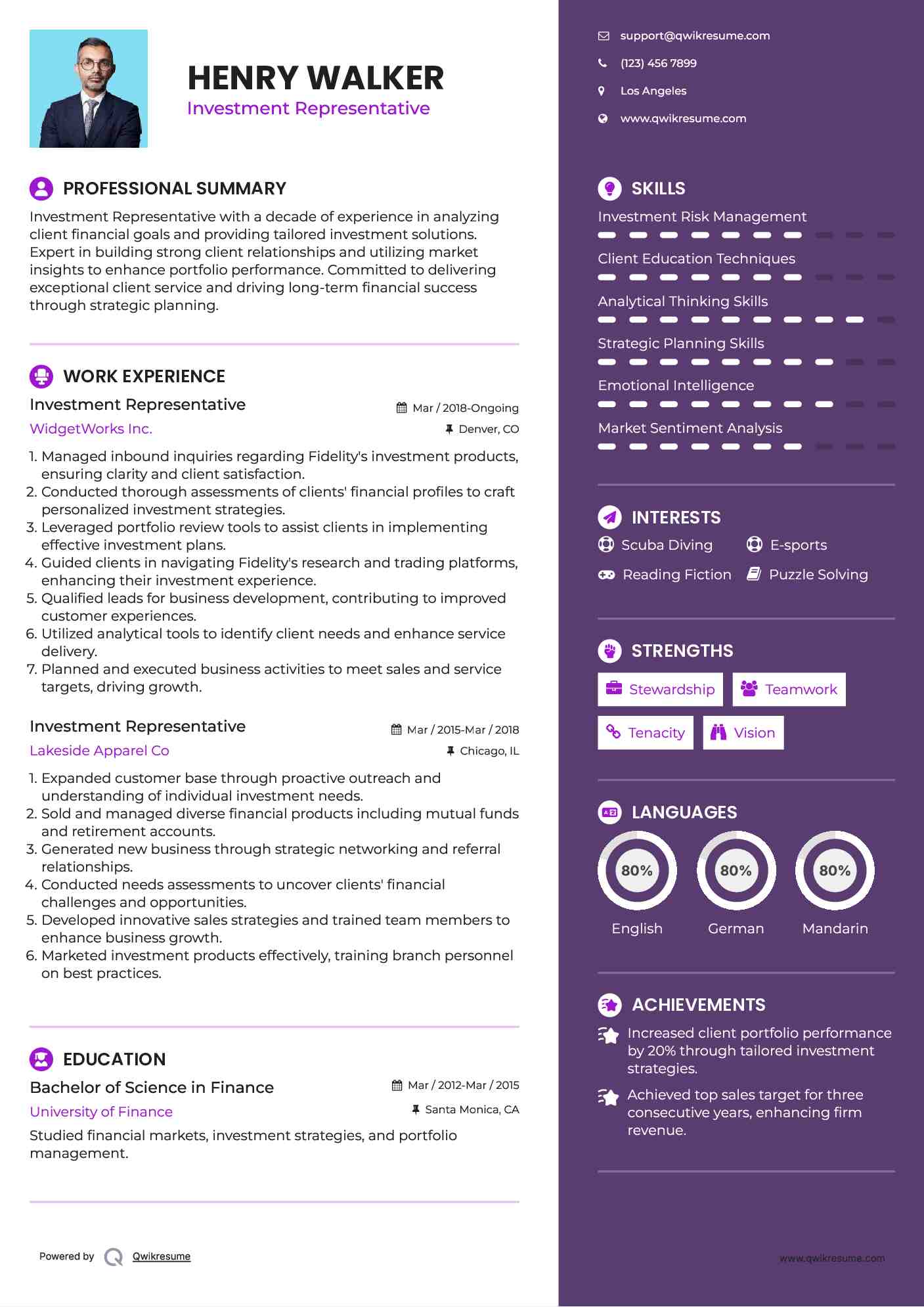Investment Representative Resume Model