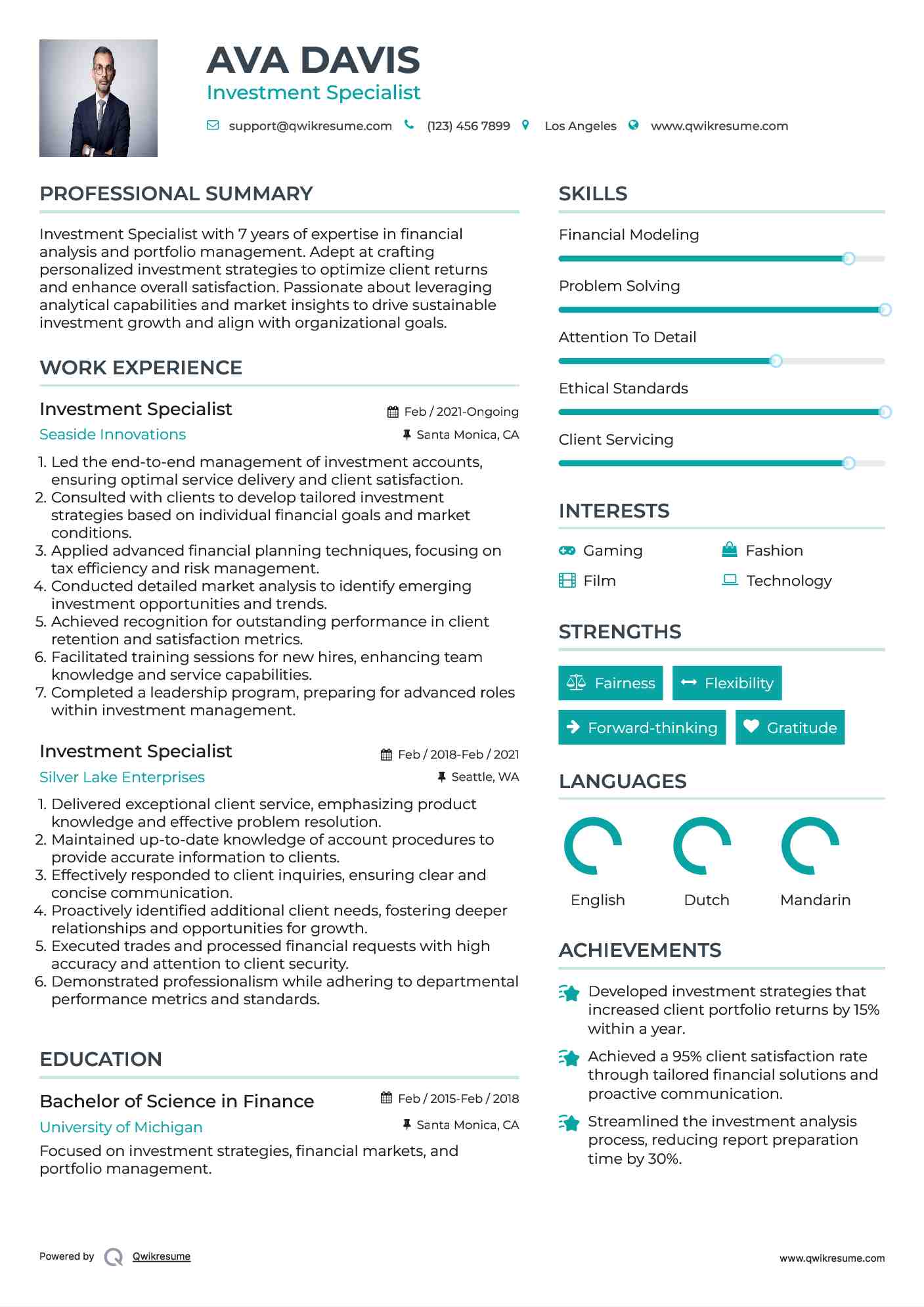 Investment Specialist Resume Template