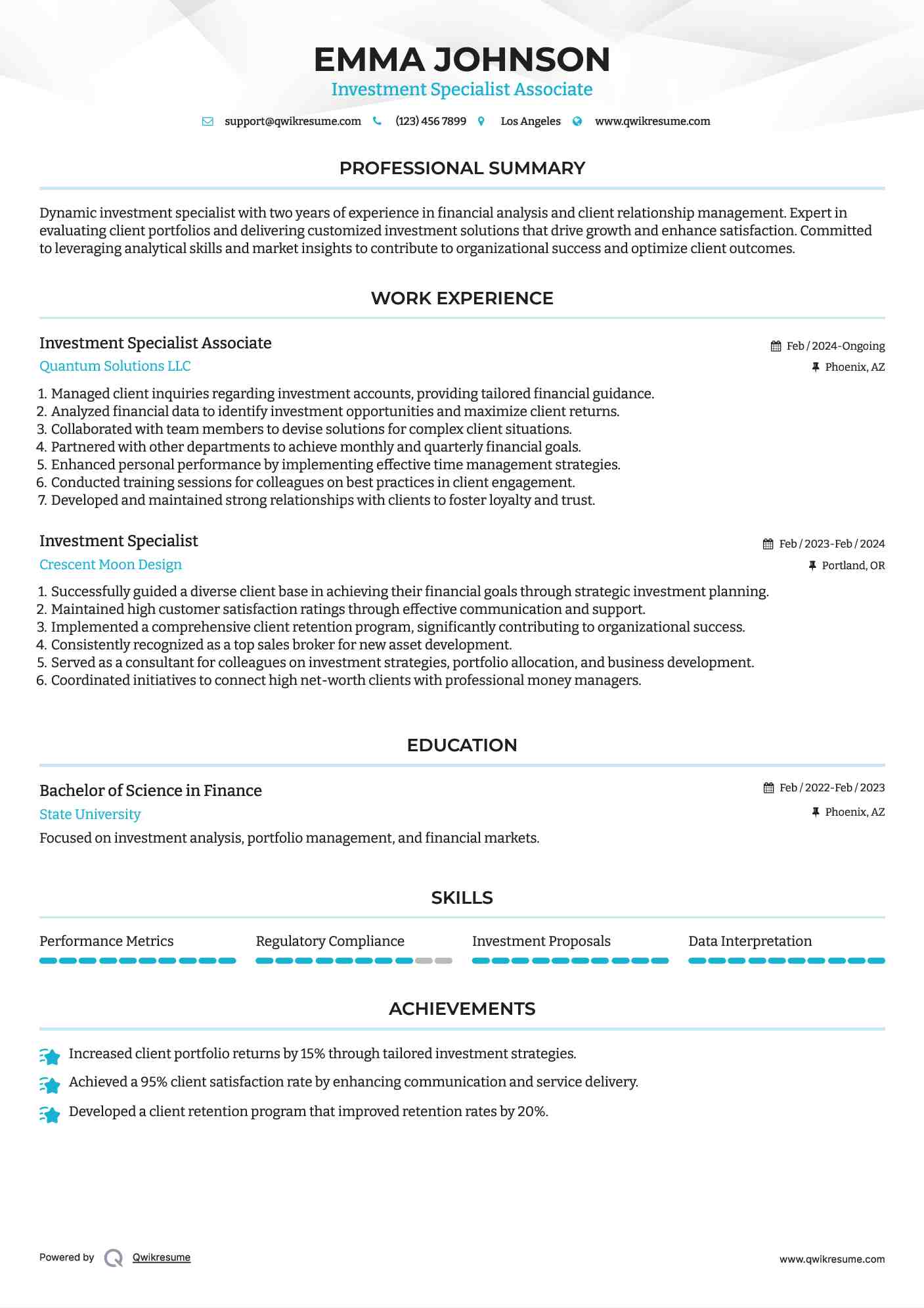 Investment Specialist Associate Resume Template