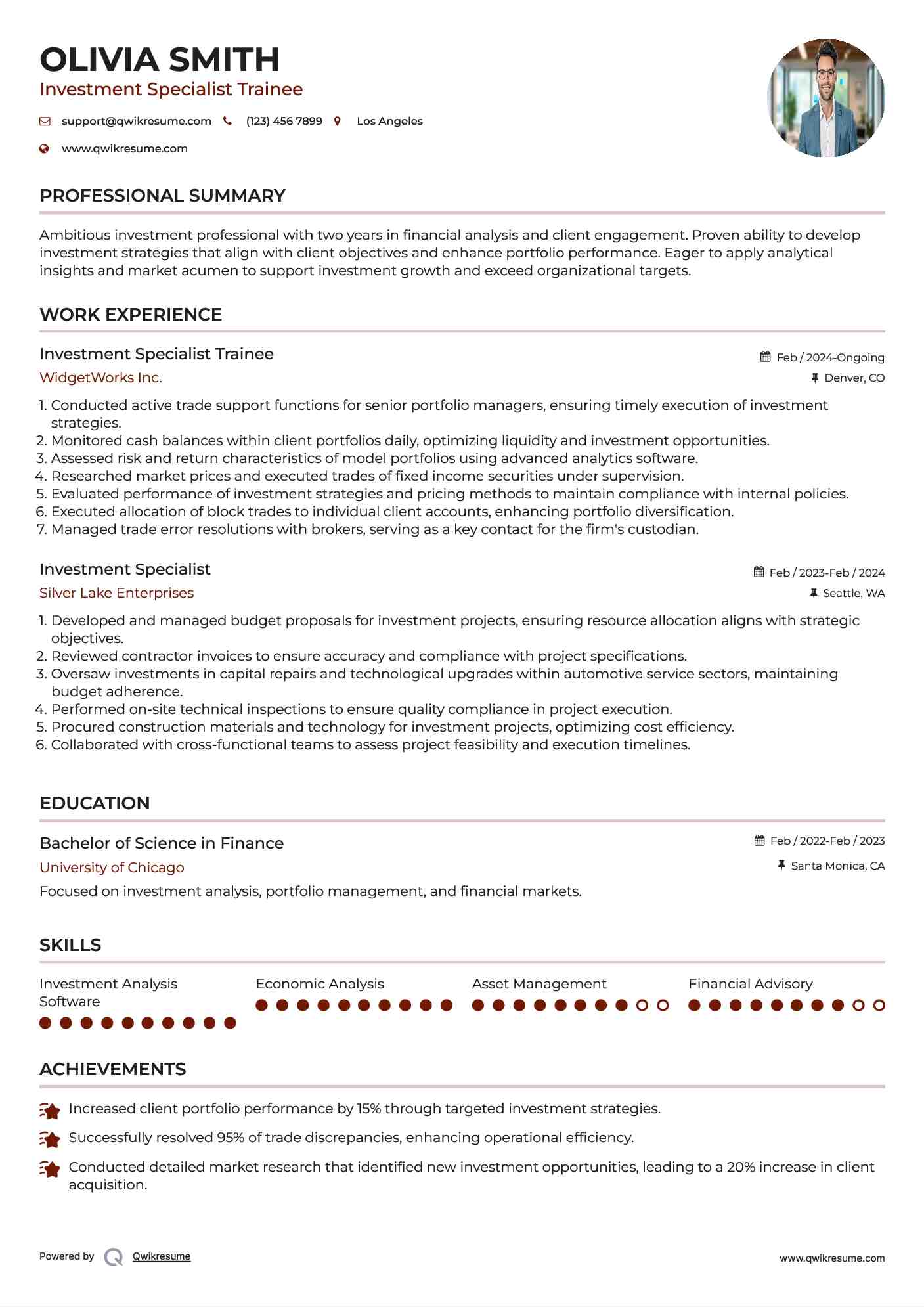 Investment Specialist Trainee Resume Example