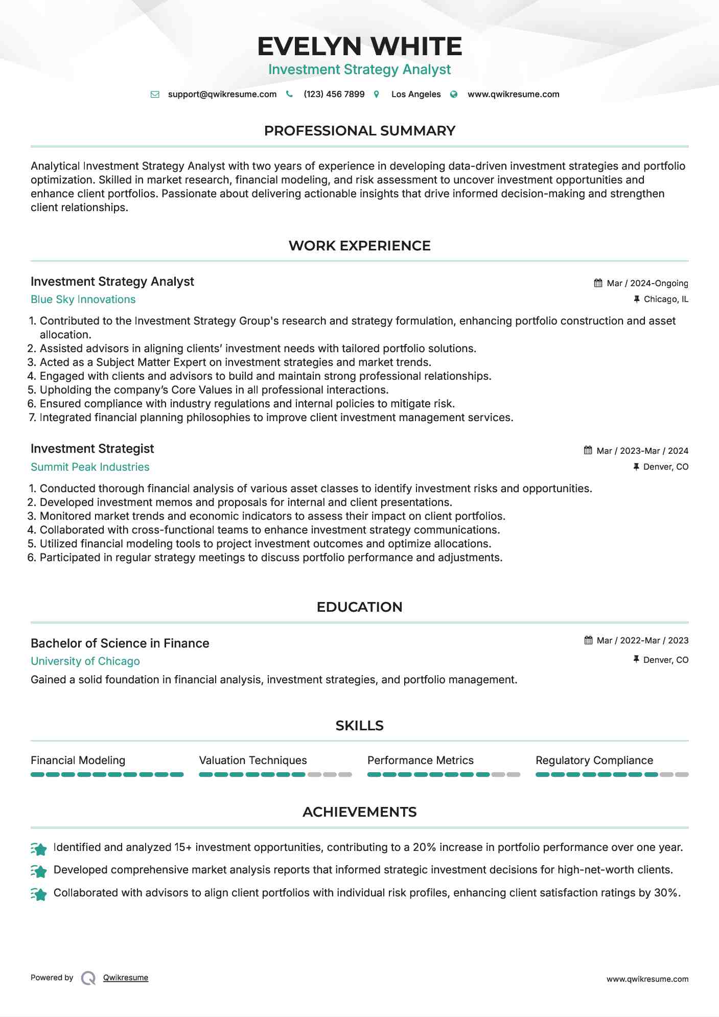 Investment Strategy Analyst Resume Sample