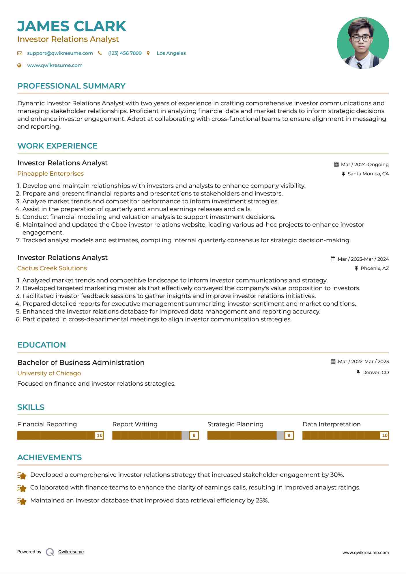 Investor Relations Analyst Resume Template