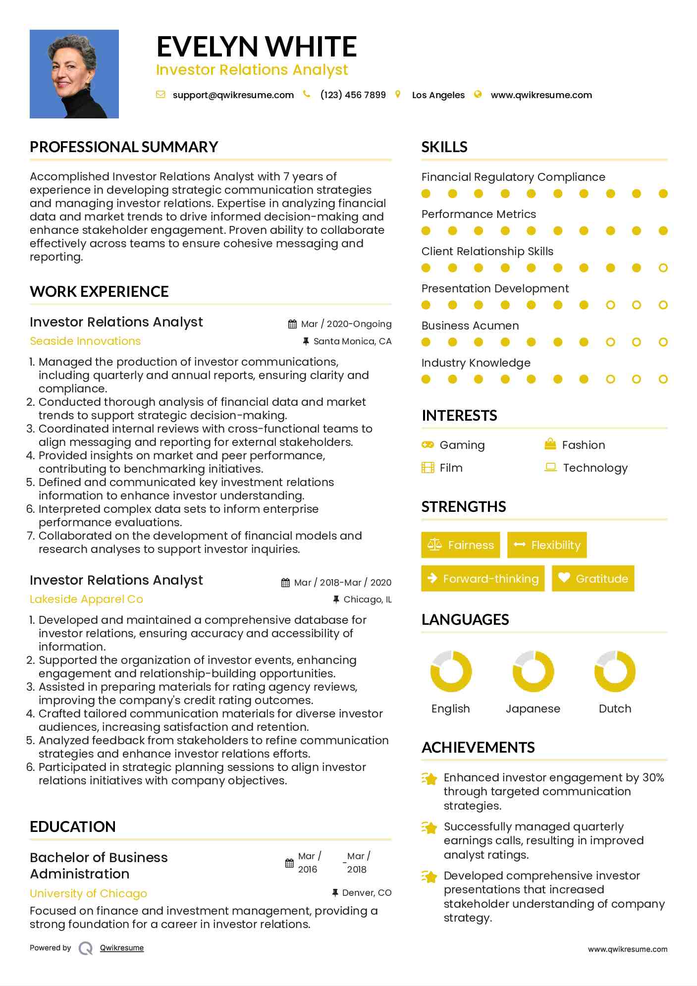 Investor Relations Analyst Resume Sample