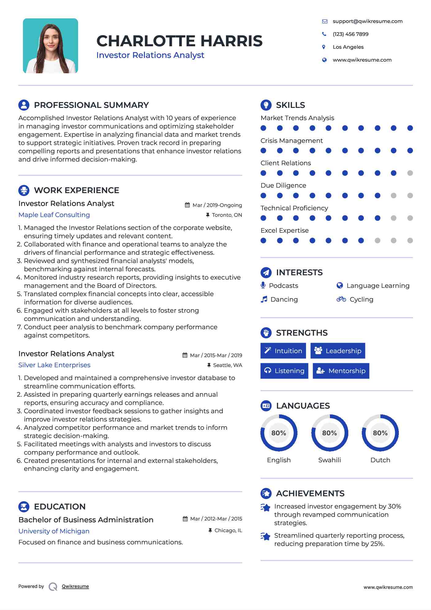 Investor Relations Analyst Resume Sample