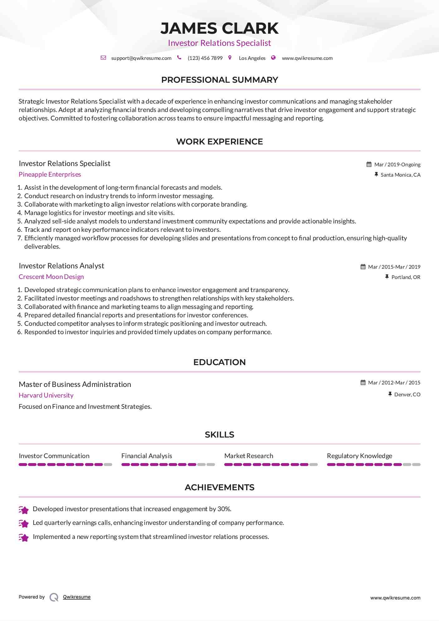 Investor Relations Specialist Resume Format