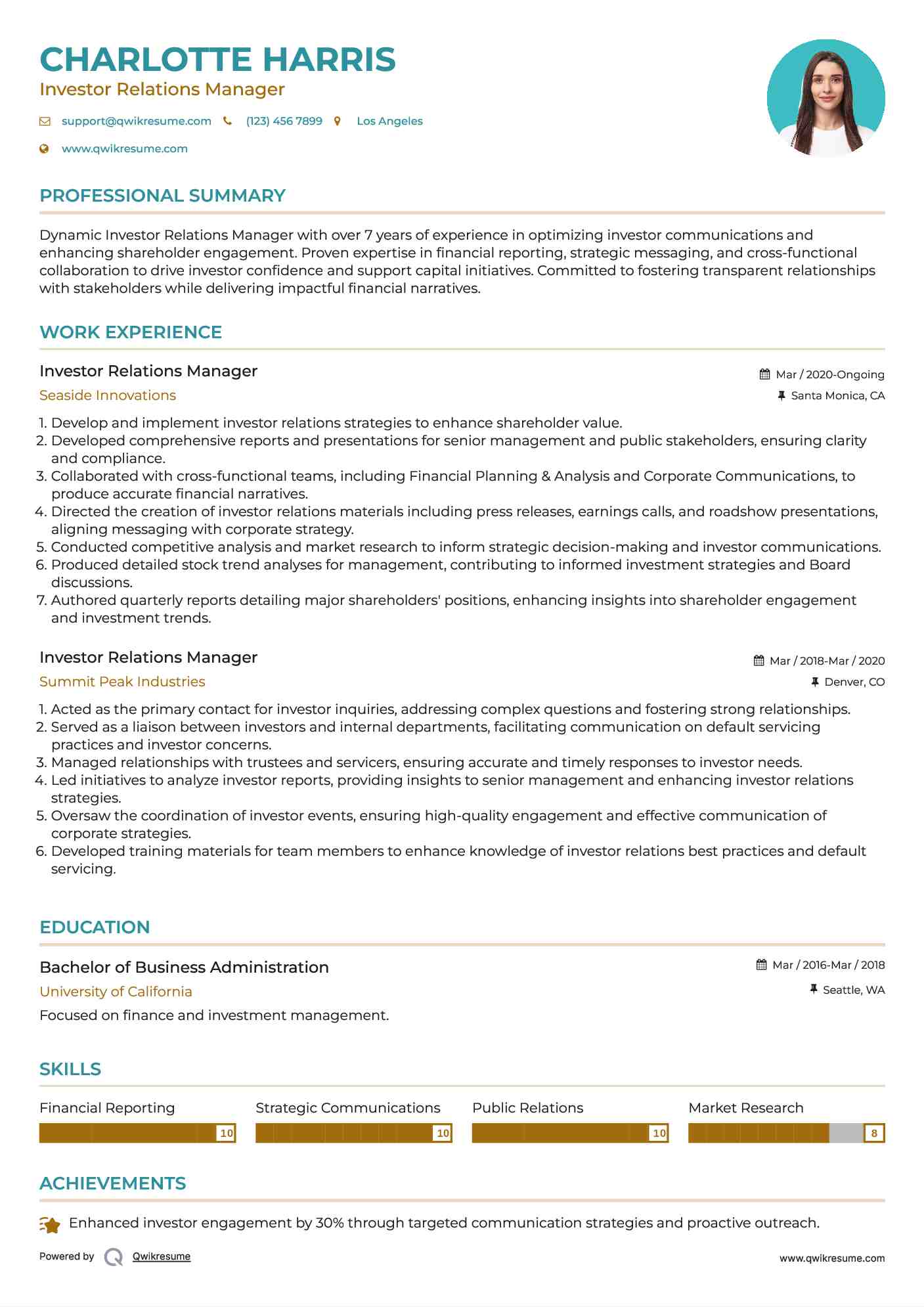 Investor Relations Manager Resume Model
