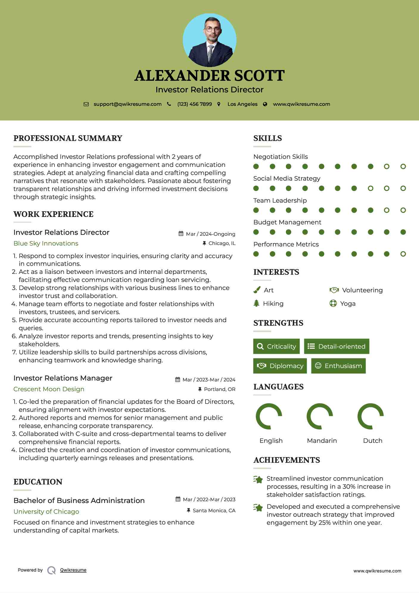 Investor Relations Director Resume Sample