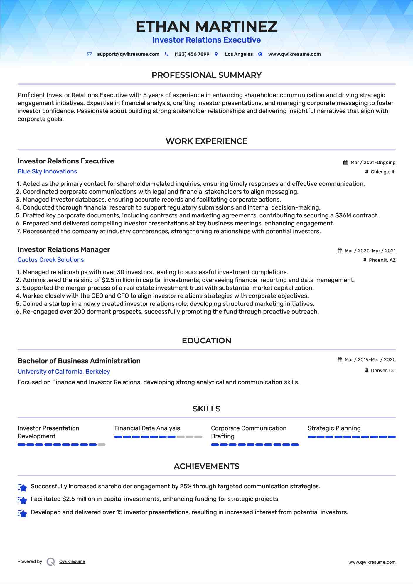 Investor Relations Executive Resume Sample