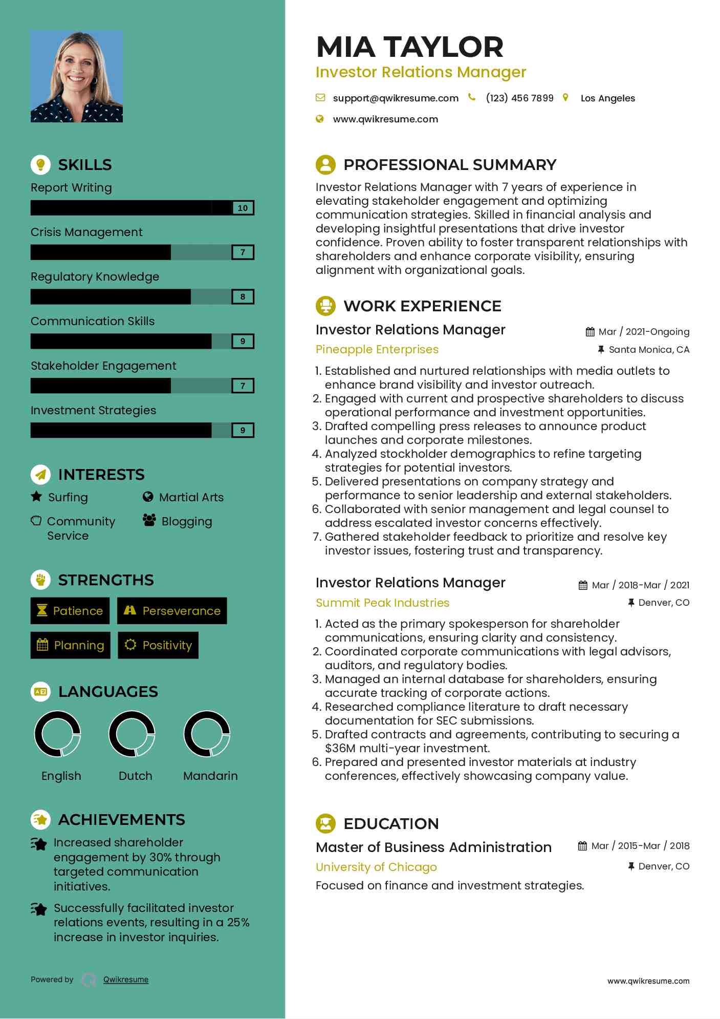 Investor Relations Manager Resume Format