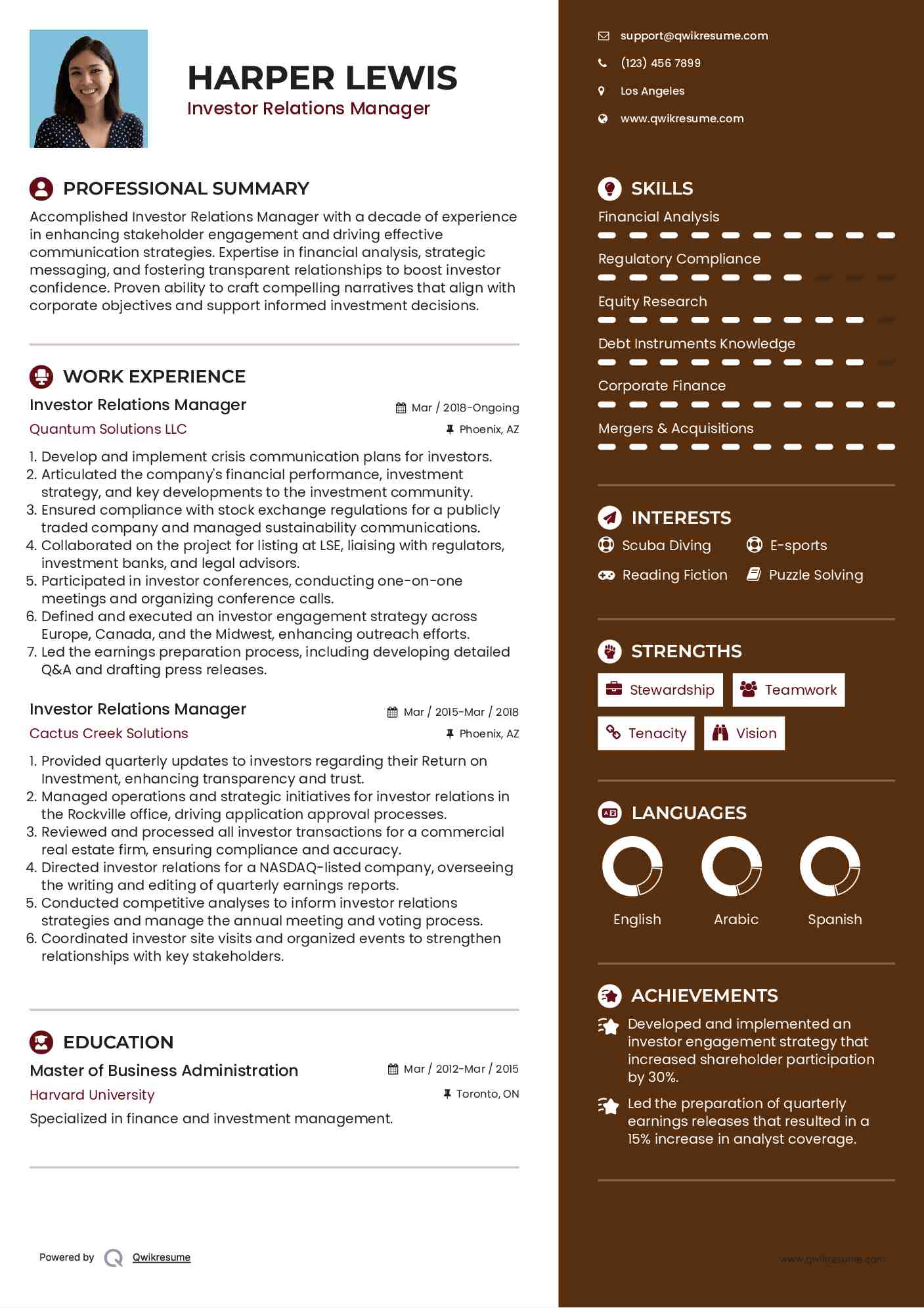 Investor Relations Manager Resume Template